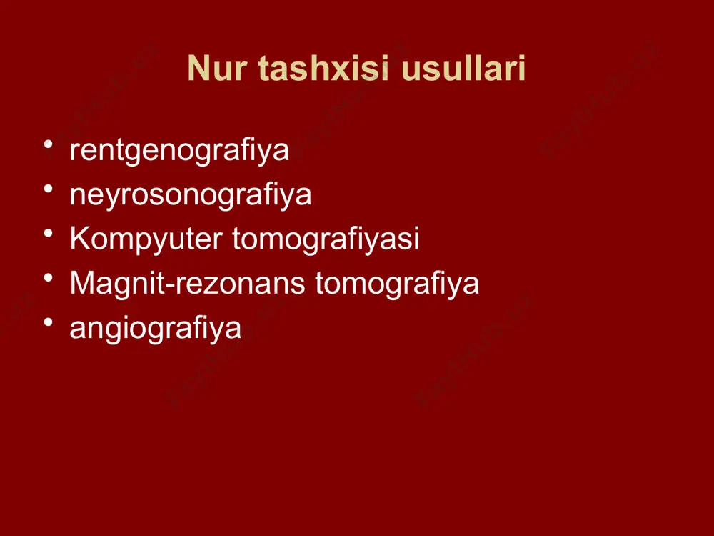 da egarning shakli, old devorining holati, pastki va orqa tomonlari, sagittal va vertikal o'lchamlar baholanadi. bosh suyagi rentgenogrammasi proyeksiyalar: a) o'ng yon b) chap yon c) to'g'ri old (burun) d) orqa yarimaksial kompyuter tomografiyasi suyak holatini baholash miya holatini baholash miya likvor suyuqligi holatini baholash patologik o'zgarishlarni baholash miya to’qimasi oynasi suyak оynasi 3d кт аngiografiya miya tomirlarining holatini baholash - rentgenkontrast moddani tomir ichiga yuborish bilan tadqiqot o’tkazish magnit-rezonans tomografiya miya holatini baholash (miya yarim sharlari, oq va kulrang moddalar, miya stvoli, miyacha, tomirlar, miya likvor bo'shliqlari) orqa miya holatini baholash magnit-rezonans tomografiya aksial, frontal, sagital tekisliklar мrт аngiografiya miya va bo'yin tomirlarining holatini baholash orqa miya мrтsi servikal, ko'krak, bel umurtqasining magnit-rezonans tomografiyasi bosh miya angiografiyasi (miya angiografiyasi) arterial anevrizmalar, qon tomir malformatsiyalar, o'smalar (angioplastika, emboliya) uchun jarrohlik yoki intervension aralashuvidan oldin amalga oshiriladigan miya tomirlarini rentgen-kontrastli tekshirish. miyaning ultratovush tekshiruvi (neyrosonografiya) erta bolalik davrida miya holatini baholash …