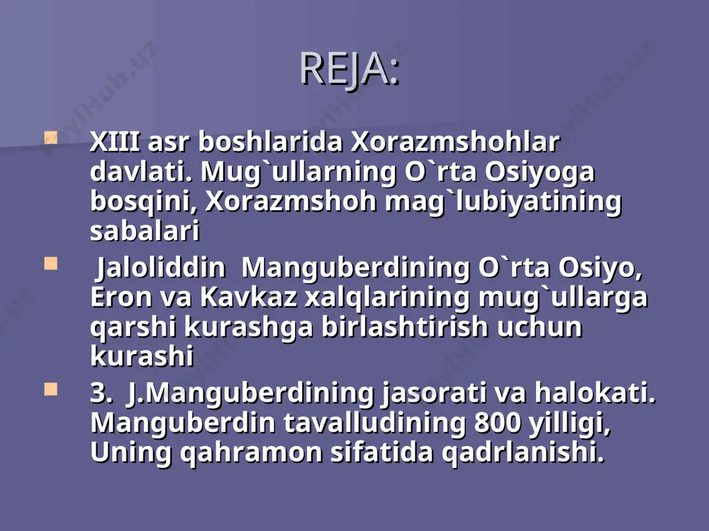 300 kishilik suvoriylar bilan o‘z vatani – xorazmni tashlab xurosonga ketishga majbur bo‘ladi. niso shahri yaqinida uni 700 nafar mo‘g‘ul suvoriysi kutardi. jaloliddin manguberdi shiddatli janglari jaloliddin manguberdi shiddatli jangdan so‘ng ularni tor-mor keltirib, nishopurga keldi. bu yerdan u barcha viloyat hokimlariga qarshi birlashishga da`vat etdi, bir oydan so‘ng g‘azni tomon yurdi. yo‘lda unga hirot voliysi, qaynotasi aminalmulk 10 ming kishilik qo‘shin bilan kelib qo‘shildi. qandahorni qamal qilib turgan mo‘g‘ul qo‘shinlari bilan 3 kunlik jangda jaloliddin manguberdu ularni tor-mor keltirgan. u g‘aznaga 1221-yil keldi. bu yerda unga xalaj qabilasi boshlig‘i sayfuddin ig‘roq, balx voliysi a`zam malik, afg‘onlar sardori muzaffar malik, qarluqlar boshlig‘i hasan qarluq kelib qo‘shildilar. ularning har biri ixtiyorida 30 minglik qo‘shin bor edi. jaloliddin manguberdining o‘zidagi kuchlar esa 60 ming suvoriy edi. jaloliddin manguberdi valiyon qal`asini qamal qilayotgan takajuk va malg‘ur boshchiligidagi mo‘g‘ul qo‘shiniga hujum qilib, 3 kunlik jangdan so‘ng ular tor-mor keltirgan, 1000 dan ortiq mo‘g‘ul askari …