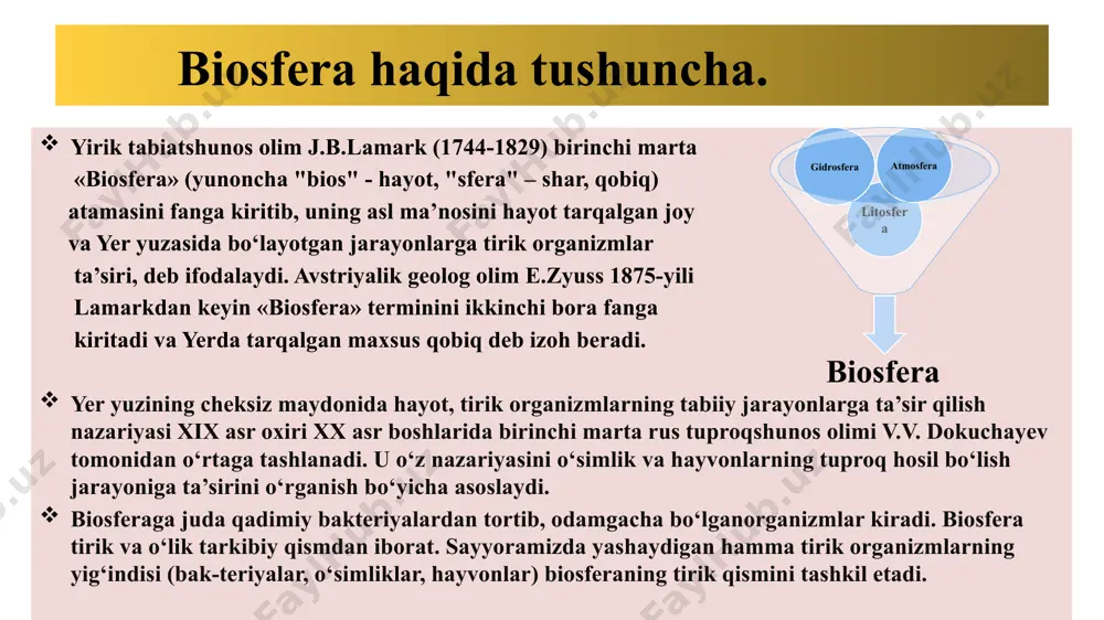 tog‘ qo‘ylar va quyonlarning ayrim turlari 5-5,5 km balandlikda, yuqori tog‘ alp zog‘chalar hattoki 8,2 km balandlikdagi qoyalarda uchraydi. ustki qatlam (litosfera)dagi - hayot. biosferaning pastki chegarasi litosfera bo‘lib, unda tiriklik 2-3 km chuqurlikkacha tarqalgan, neft topilgan shunday chuqurliklarda turli mikroorganizmlar borligi aniqlangan. litosferada asosiy hayot qatlami 1-3 m chuqurlikkacha boradi, daraxtlarning ildizlari 8-10 m, yantoq o‘simligi ildizi 15-18 m, ayrim o‘simliklarning ildizlari 52 m chuqurlikkacha boradi. yer kavlovchi hayvonlarning ini (sug‘urlar, bo‘rsiqlar) 6-7 m, hasharotlardan termitlar 6 m chuqurlikkacha yetadi. litosfera ustidagi organizmlarning asosiy massasi tuproqning 1 m qalinligida joylashgan. suv qobig’i (gidrosfera)dagi - hayot. gidrosferada organizmlar maksimal tarqalgan. ayrim mikroorganizmlar, sodda tuzilgan umurtqasizlar va ko‘r baliqlar 10-11 km chuqurlikda ham uchraydi (tinch okeanning tuskaror chuqurligida), dengiz o‘simliklari va o‘simlikxo‘r hayvonlar 300-500 m chuqurlikkacha tarqalgan. biosferada uchraydigan suv havzalaridan ayrimlari haddan ortiq sho‘r bo‘lganligitufayli ularda hayvonlar uchramaydi. bunday suv muhitlaridan o‘lik dengiz (suvining sho‘rligi 300-350%о) armanistondagi tuz ko‘li (sho‘rligi …