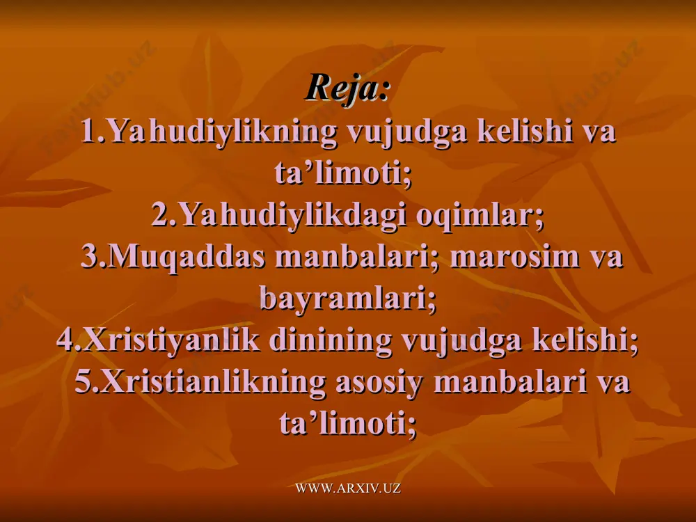 h va uni xudo uchun bag‘ishlash; ota-onani hurmat qilish; nohaq odam o‘ldirmaslik; zino qilmaslik; o‘g‘irlik qilmaslik; ¨lg‘on guvohlik bermaslik; yaqinlarning narsalariga ko‘z olaytirmaslik. www.arxiv.uz www.arxiv.uz www.arxiv.uz yahudiylikdagi oqimlar saduqiylar farziylar yesseylar zamonaviy oqiml sionizm www.arxiv.uz yahudiylikdagi oqimlar. yahudiylikdagi oqimlar haqida so’z yuritganda ularni qadimiy oqimlar va zamonaviy oqimlarga bo’lish kerak. qadimiy oqimlarga saduqiylar, farziylar, yesseylar kiradi. zamonaviy oqimlarga esa sionizm kiradi. saduqiy nomi podshoh dovud payg’ambar davrida yashagan ruhoniy saduq ismi bilan bog’liq. ko’plab mansabdor ruhoniylar saduqiy bo’lganlar. ular diniy ishlarda faqat qonun (musoning besh kitobi)ni tan olganlar. qonunda ruhoniylar, qurbonliklar, ibodatlar haqida so’z boradi, lekin oxirat va qiyomat haqida hech narsa deyilmagan. shuning uchun saduqiylar qiyomatda o’lganlarning qayta tirilishiga ishonmaydilar. www.arxiv.uz www.arxiv.uz farziy nomi qadimiy yahudiy tilidagi «tushuntirish», «ajratib ko’rsatish» so’zidan olingan bo’lib, ular musoning qonunini sharhlaganlar va oddiy odamlarga o’rgatganlar. farziylar muso zamonidan beri og’zaki an’ana davom etib kelyapti deb hisoblaydilar. ular har bir avlod o’z ehtiyojlarini qondirish …