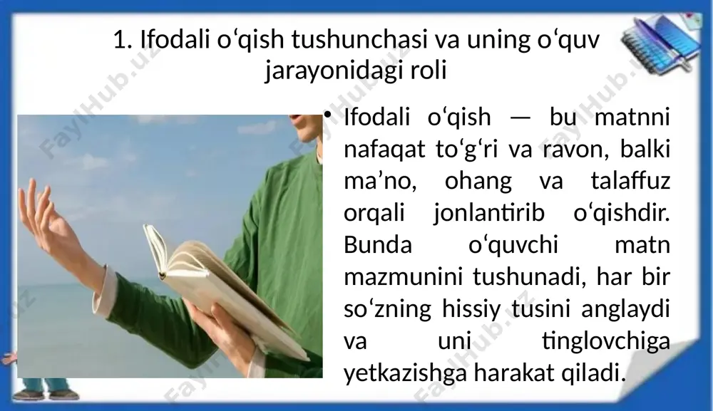 lari, rolli o‘yinlar bu borada yaxshi natija beradi. xulosa ifodali o‘qish — o‘quvchilarning nafaqat matnni tushunish, balki uni badiiy-estetik ruhda yetkazish mahoratini shakllantiruvchi muhim jarayondir. bu ko‘nikma o‘quvchining nutq madaniyatini, his-tuyg‘ularini, eslab qolish va tahlil qilish qobiliyatini rivojlantiradi. o‘qituvchining sabrli, bosqichma-bosqich yondashuvi bu ko‘nikmani mustahkamlashda hal qiluvchi ahamiyatga ega. ifodali o‘qishga o‘rgatish orqali biz bolalarning badiiy dunyoqarashini kengaytiramiz. foydalanilgan adabiyotlar to‘xtasinova g‘. – boshlang‘ich ta’limda ifodali o‘qitish metodikasi. – toshkent: fan, 2021. murodova m. – adabiy o‘qish darslarida ifodali o‘qish usullari. – “ta’lim va tarbiya” jurnali, 2022, №2. abduvaliyeva z. – o‘quvchilarning nutqini rivojlantirish metodikasi. – toshkent: o‘qituvchi, 2020. sodiqova m. – badiiy nutq va ifodali o‘qish mashqlari. – samarqand, 2023. respublika ta’lim markazi – boshlang‘ich sinf o‘qituvchilari uchun metodik tavsiyalar, 2024. image2.jpeg image3.jpeg image4.jpeg image1.png /docprops/thumbnail.jpeg
