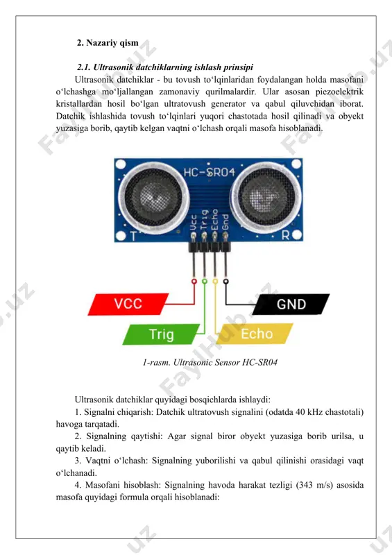 . - sram: 2 kb - eeprom: 1 kb - kristall chastotasi: 16 mhz - interfeys: usb orqali dasturlash va quvvatlantirish imkoniyati. 2-rasm. arduino uno mikrokontrolleri arduino uno turli komponentlar bilan, jumladan, ultrasonik datchik va lcd displey kabi modullar bilan osongina integratsiya qilinadi. uning dasturiy va apparat jihatdan ochiqligi boshlang‘ich foydalanuvchilar va tajribali dasturchilar uchun ham qulay platforma bo‘lib xizmat qiladi. 2.3. lcd 16x2 displey haqida umumiy ma’lumot lcd 16x2 displey - bu matnli ma’lumotlarni aks ettirishga mo‘ljallangan elektron ekran bo‘lib, ikki qator va har bir qatorda 16 ta belgini ko‘rsatish imkoniga ega. ushbu displey juda samarali va ko‘p funksiyali bo‘lib, mikrokontroller bilan ishlashda keng qo‘llaniladi. 3-rasm. lcd display va i2c moduli lcd 16x2 displeyning asosiy xususiyatlari: - matn formati: 16 ta ustun va 2 ta qator. - drayver: hd44780 mikrosxemasi yordamida boshqariladi. - interfeys: 4-bit yoki 8-bit parallel interfeys rejimida ishlash imkoniyati. - ishlash kuchlanishi: 4.7v–5.3v. - yorqinlik boshqaruvi: …