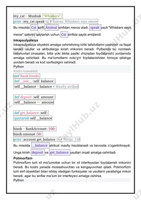 ) hisob.omonat (50) print (account.get_balance ()) # natija: 150 bu misolda __balance atributi maxfiy hisoblanadi va bevosita o‘zgartirilmaydi. unga kirish deposit va get_balance usullari orqali amalga oshiriladi. polimorfizm polimorfizm turli xil ma’lumotlar uchun bir xil interfeysdan foydalanish imkonini beradi. bu kodni yanada moslashuvchan va kengayuvchan qiladi. polimorfizm turli sinf obyektlari bilan ishlay oladigan funksiyalar va usullarni yaratishga imkon beradi, agar bu sinflar ma’lum bir interfeysni amalga oshirsa. python kodni nusxalash sinf qush: def speak (self): qaytish "tvit" sinf it: def speak (self): qaytish "woof" def make_sound (animal): print (animal.speak ()) chumchuq = qush () bulldog = it () make_sound (sparrow) # natija: tweet make_sound (bulldog) # natija: woof bu misolda make_sound funksiyasi speak usuliga ega bo‘lgan istalgan sinf obyektini qabul qiladi. bu har xil turdagi obyektlar uchun bir xil interfeysdan foydalanish imkonini beradi. kod namunalari va amaliy masalalar 1-misol: oddiy sinflar iyerarxiyasini yaratish transport vositalari uchun sinflar iyerarxiyasini yaratamiz. bu …
