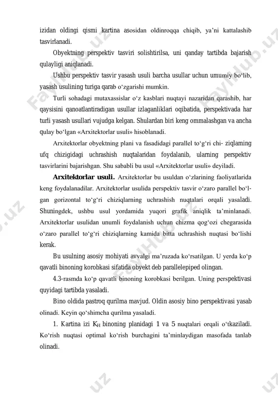 3. kartina izi kh bosh fasadning o‘ng yoniga bino ostki chizig‘iga f1, f2, p va 1k nuqtalar bilan olib o‘tiladi. p, f1 va f2 nuqtalar ufq chizig‘ida tasvirlanadi. 4. 1k nuqta f1 va f2 lar bilan tutashtiriladi va 1k dan vertikal chiziq chizilib, unga bino qirrasining haqiqiy balandligi olib qo‘yiladi. 1 nuqta ham f1, f2 lar bilan tutashtiriladi. 5. binoning plandagi xarakterli nuqtalari (burchaklari) s bilan tutashtiriladi va kh da hosil bo‘layotgan 2k, 3k va 6k nuqtalar kartina iziga olib o‘tiladi va ulardan vertikal chiziqlar chizib, 1f1 va 1f2 chiziqda kesishtiriladi. shunda asosiy bino korobkasining perspektiv tasviri yasaladi. 4.3-rasm 6. tomning perspektivasi 60 va 7k nuqtalar yordamida bajariladi. 60 dan vertikal chiziq o‘tkaziladi va unga tomning balandligi olib o‘tiladi hamda 6" nuqta f2 bilan tutashtiriladi. 6"f2 chiziq 6k dan vertikal chizilgan chiziqni kesib, tomning 6 nuqtasini hosil qiladi. 6 nuqta 1 va 2 lar bilan tutashtiriladi. 7. binoning oldidagi qo‘shimcha …