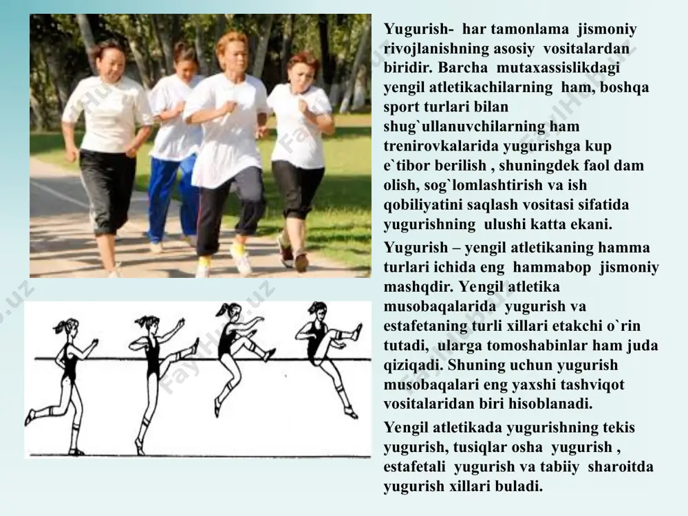 nishi qisqa vaqtda maksimal bulishi bilan harakterlidir. bunda qo`l, elka kamari va tana musqo`llarigina emas, balki oyoq musqo`llari ham faol qatnashadi.yengil atletika snaryadlarini o`zoqqa uloqtirish uchun, kuch, tezlik, chaqqonlik, yuqori darajada rivoj topgan bulishi va o`z kuchini yig`a bilmoq zarur. uloqtirish bilan shug`ullanish bu muhim fazilatlarni taraqqiy ettiribgina qolmasdan, butun tana musqo`llarining garmonik rivojlanishiga ham yordam beradi. yengil atletik uloqtirishlar ijro usulida qarab uch turga bo`linadi: 1) bosh ortidan boshlab uloqtirish (nayza va granata): 2) aylanib uloqtirish (disk, bosqon): 3) itqitish (yadro). uloqtirish usullarining farqi syanaryadlarning shakli va og`irligiga bogliqdir. yengil, ushlash ung`ay bulgan snaryadlarni to`g`ridan yugurib kelib, bosh ortidan boshlab o`zoqqa uloqtirish mumkin , og`irroq snaryadlarni aylanib uloqtirish ungayroq: maxsus tutqichi bulmagan , og`ir snaryad yadroni esa itqitish ungayroq. sakrash - tusiqlardan o`tishnig tabiiy usuli bulib, qisqa vaqt ichida asab-musqo`l kuchiga maksimal zur berish bilan harakterlidir. yengil atletik sakrash mashg`ulotlarida sportchilarning o`z tanalarini idora qila bilish, kuchlarni yig`a bilish …