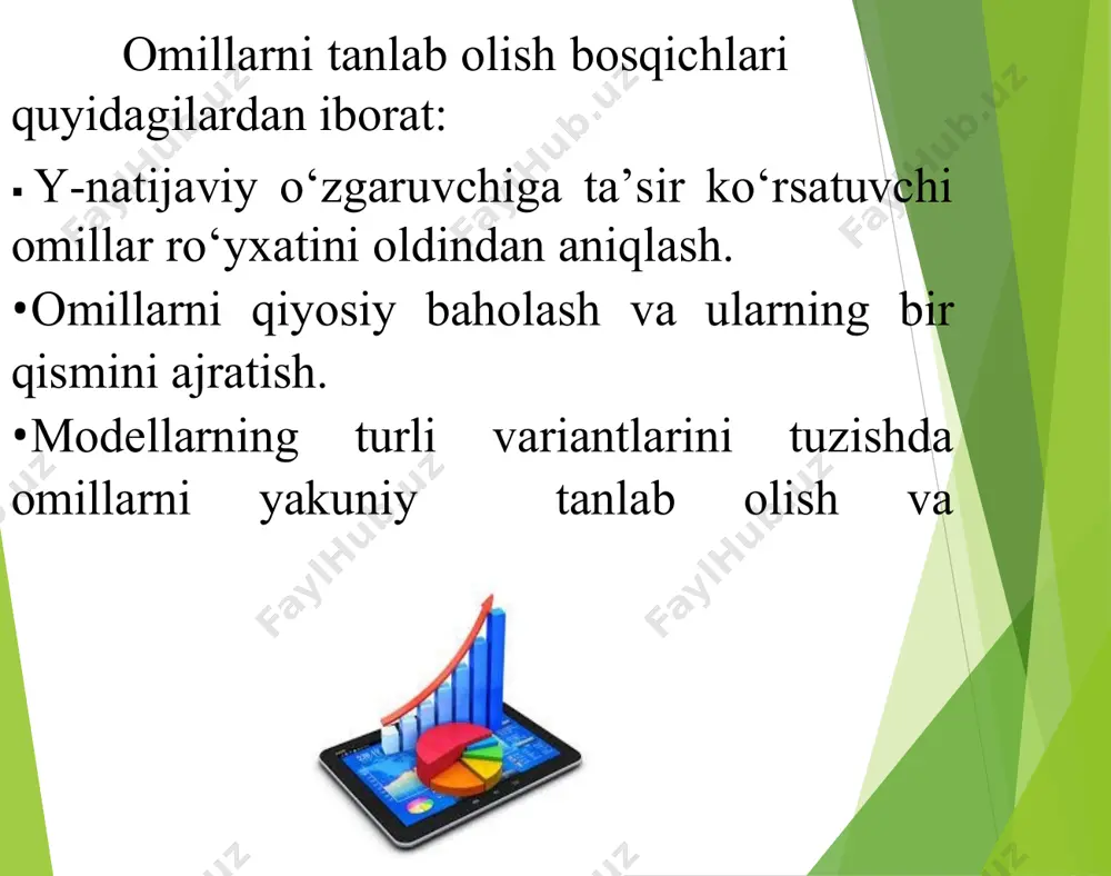 ishi mumkin. keyin esa x'x matritsani tadqiq etish lozim. agar x'x matritsa aniqlovchisi nolga yaqin bo‘lsa, u holda bu multikollinearlikning mavjudligidan dalolat beradi. multikollinearlikni regressiya modelidan bir yoki bir necha chiziqli bog‘langan omillarni chiqarib tashlash yoki boshlang‘ich omillarni yangi, yiriklashtirilgan omillarga aylantirish yo‘li bilan bartaraf etish mumkin. omillardan qaysi birini chiqarib tashlash masalasi o‘rganilayotgan hodisani sifat va mantiqiy jihatdan tahlil qilish asosida hal etiladi. mustaqil o‘zlashtirish uchun savol va topshiriqlar 1. ko‘p o‘zgaruvchili regressiya tahlili. 2. korrelytsiya koeffitsienti nimani aniqlashga yordam beradi?. 3. ko‘p o‘zgaruvchili regressiyada omillarni tanlash nima uchun kerak?. 4. ko‘p o‘zgaruvchili regressiya modeli qaysi iqtisodiy jarayonlarni ifodalashda qo‘llaniladi? 5. ko‘p o‘zgaruvchili regressiya tahlilida o‘zgaruvchilarni tanlash. 6. ko‘p o‘zgaruvchili regressiya tahlillarida omillarni tanlash bosqichlari qanaqa?. 7. ko‘p o‘zgaruvchili regressiya korrilyatsiya matritsasi qachon va nima maqsadda ishlatilaadi? 8. multikolleniarlik tushunchasi ma’nosi nima u qachon mavjud bo‘ladi? 9. multikolleniarlik hodisasidan qutilish yo‘llarini tushuntiring. 15 adabiyotlar royxati 1. dougherti k. introduction …