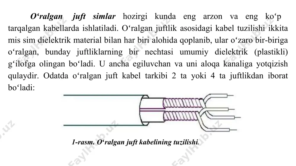 di, bu esa uzatish va qabul qilish qurilmasini narxini arzonlashtiradi hamda xizmat vaqtini bir modli kabelga nisbatan oshiradi. simsiz axborot uzatish muxitlari simsiz aloqa kanallari kompyuter tarmoqlarida ba‘zi hollarda kabel orqali ulash oʻrniga shuningdek kabelsiz kanallardan ham foydalaniladi. ularning asosiy afzalligi shundan iboratki, hech qanday kabel yotqizishga hojat qolmaydi. demak devorlarni teshishga, kabellarni maxkamlashga, folshpol ostidan oʻtkazishga yoki osma shipdan va shamollatish yoʻllaridan kabellarni oʻtkazishga hojat qolmaydi. shuningdek kabelning uzilgan joyini qidirish va ulashga ham hojat qolmaydi. yana kompyuterlarni bemalol xonada yoki bino boʻylab koʻchirish mumkin, chunki kompyuter kabellar bilan bogʻlanmagan. radiokanal – bu usulda axborot uzatish uchun radio toʻlqinlaridan foydalaniladi, shuning uchun bu usulda aloqa yuzlab va xatto minglab kilometrga uzatiladi. axborot oʻtkazish tezligi sekundiga oʻnlab megabitgacha yetishi mumkin (bu holda tanlangan toʻlqin uzunligi va kodlash usuliga bogʻliq). mahalliy tarmoqlarda radiokanaldan foydalanmaslik sabablari quyidagilar: uzatish va qabul qilish qurilmalari qimmat, shovqindan saqlanish darajasi past, axborotni uzatish vaqtida sir saqlash …