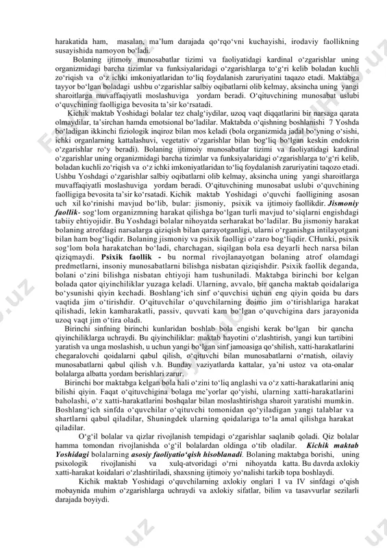 lbiy ta’sir ko‘rsatadi. pedagoglar, ota-onalar, bolalarni erta maktabga berishning foyda yoki zarari to‘g‘risida o‘ylaganlarida inson miyasi rivojlanishining neyrofiziologik qonuniyatlarini ham alohida e’tiborga olishlari lozim. bolani erta o‘qish, yozish, sanashga o‘rgatib uning bilish jarayonlari zo‘riqtirilsa, bolaning emotsional hissiy rivojlanishi uchun zarur bo‘lgan miya quvvatining tanqislashuviga sabab bo‘ladi. bundan bolalarning emotsional hissiy jarayonlarining kechishida yoki jismoniy rivojlanishida kamchiliklar sodir bo‘ladi. bunday xolatda energiya taqsimlanishining majburan buzilishi sodir bo‘lib, u 78 yoshli bolalarni qo‘rquv, agressivlik yoki giperaktivlik holatlariga olib keladi. bu bolani maktabda o‘qishga tayyorlash kerak emas degan fikr emas, lekin bolaning aqliy rivojlanishiga erta o‘qishni, sanashni, yozishni o‘rgatish bilangina erishib bo‘lmaydi. ma’lumki, rivojlanish qonuniyatiga ko‘ra, har qanday taraqqiyot ko‘rgazmali obrazlilikdan abstrakt mantiqiylikka qarab boradi. agar bola xali o‘qishga aqliy, ma’naviy-ruhiy jihatdan tayyor bo‘lmay turib, unga harf va raqamlarni yozish, o‘qish o‘rgatilsa psixik rivojlanishning teskari tomonga ketishiga sabab bo‘ladi. psixolog olimlarning fikricha, psixik va evolyusiya taraqqiyot qonunlari ham fizik qonunlardek buzilmas, hamda universaldir. …