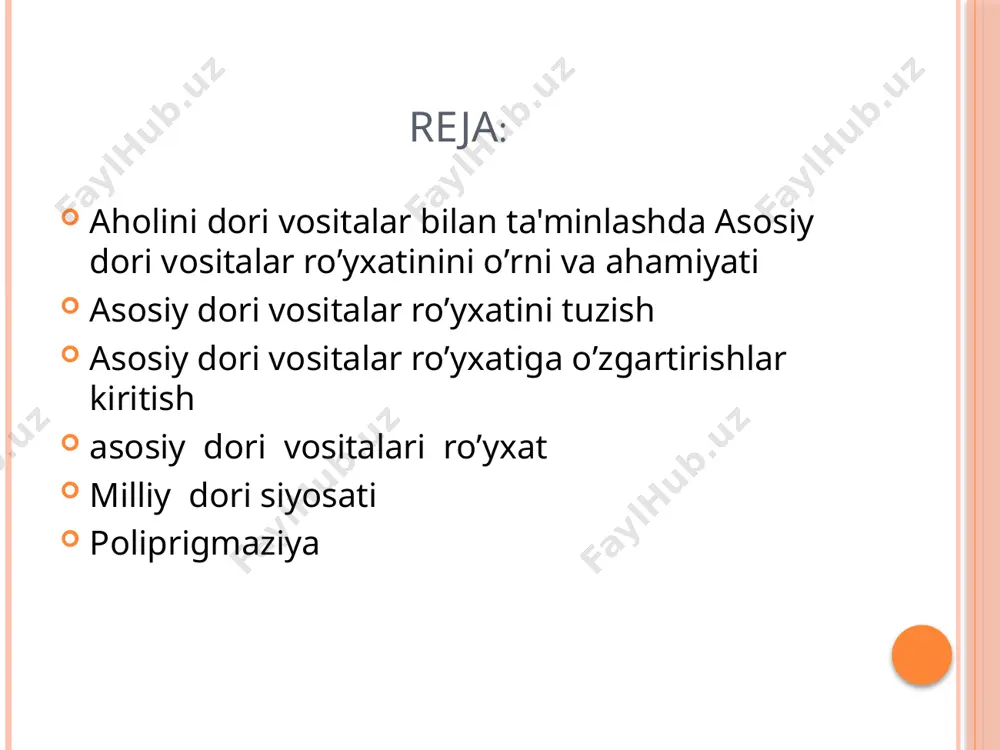 rini yo’lga qo’yish; shifoxona rahbariyatlarining kelishuvi asosida tanlangan dori vositalarini cheklangan miqdorda iste'mol qilish dorilar bilan yaxshi ta'minlash, oqilona tavsiya etish hamda sarf-xarajatlarni kamaytirishga olib keladi. asosiy dori vositalari ro’yxatiga tashxis va davolash standartlarida mavjud bo’lgan dori vositalari kiritilgan. unga kirmagan dori vositalari byudjetdan tashqari yoki bemorlarga o’z hisobidan tavsiya etiladi. asosiy dori vositalariga nimalar kiradi? asosiy dori vositalari stasionar davolanuvchi bemorlar ehtiyojini qoplash maqsadida tanlab olingan dori vositalarining xalqaro patentlanmagan nomlari bo’yicha ro’yxati hisoblanadi. u sog’liqni saqlash sohasidagi eng muhim ehtiyojlarni qoplash maqsadida tanlab olingan dori vositalarining chegaralangan ro’yxatidir. turli davlatlarda bu ro’yxat 350-450 tani tashkil etadi. jahon sog’liqni saqlash tashkiloti barcha mamlakatlarga dori vositalari borasida umumiy yagona davlat siyosatini yurgizishni shakllantirish va amalga oshirishni tavsiya etadi. shuningdek, dori vositalari oldi -sotdi jarayonlarini tartibga soluvchi o’zbekiston respublikasining ―dori vositalari va farmasevtika faoliyati to’g’risidagi qonunining yangi tahriri qabul qilingan. unga ko’ra o’zbekiston respublikasi sog’liqni saqlash vazirligi ―asosiy dori vositalari ro’yxatidagi …