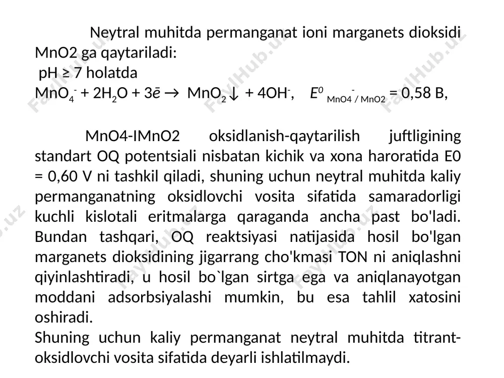 ) oksalat kislotaning qizdirilgan eritmasiga kerakli hajmning -95% kaliy permanganat eritmasini tezda qo'shing, aralashmani taxminan -60 ° c ga qadar qizdiring va titrlashni tugating, qolgan standart kaliy permanganat eritmasini asta-sekin qo'shing. titrlangan eritmaning pushti rangi olinadi, bir-ikki daqiqada yo'qoladi. ushbu texnika sizga kamroq xato bilan natijalarga erishish imkonini beradi. kaliy permanganatning standartlashtirilgan eritmasi qorong'i joyda qorong'i shishada saqlanadi. eritmaning konsentratsiyasi vaqti-vaqti bilan tekshiriladi, chunki yuqorida tavsiflangan sabablarga ko'ra eritmani saqlash vaqtida u biroz o'zgaradi. 2. permanganatometrik titrlash usulining qo'llanilishi va umumiy bahosi. permanganatometrik titrlash, birinchi navbatda, h2o2, mgo2, nano2, metall temir va boshqa ba'zi metallar, karboksilik kislotalar, r-nh-nh-r gidrazo guruhlari bo'lgan birikmalar kabi permanganat ioniga nisbatan qaytaruvchi moddalar sifatida ishlaydigan moddalarni aniqlash uchun ishlatiladi. suv va tuproqning umumiy oksidlanish qobiliyatini aniqlash (ya'ni, bu ob'ektlarda mavjud bo'lgan qaytaruvchi moddalar miqdorini aniqlash). permanganatometriya qaytar titrlash yordamida nafaqat qaytaruvchi moddalarni, balki oksidlovchi moddalarni ham aniqlash uchun ishlatiladi.. shunday qilib, masalan, dixromat ionlarini aniqlash …