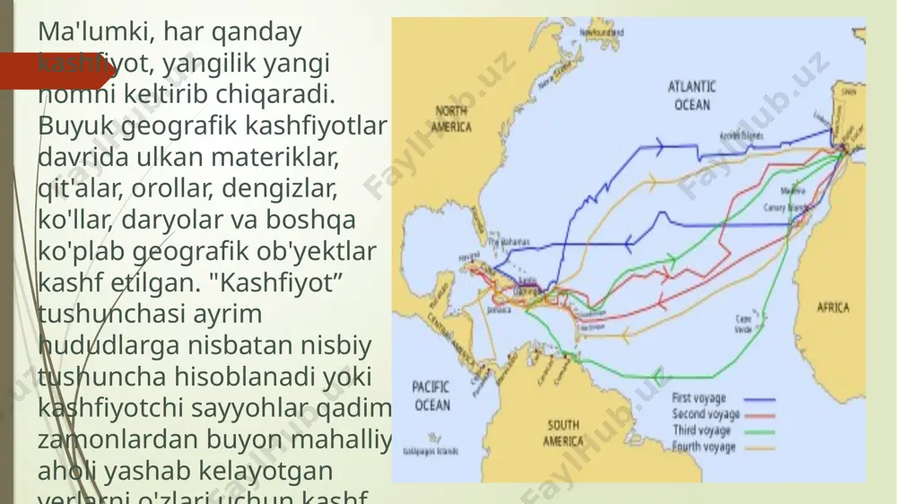 gulhan yoqib isinishayotgan ekan, shu-shu orol nomi «olovli yer» deb ataladigan bo'lgan. fernan magellan xuddi shu yili hozir uning nomi bilan ataluvchi bo'g'oz orqali suzib o'tayotgan paytda uzoqdan orolda har yer-har yerda gulxanlarni ko'rgan. iqlimi sovuq bo'lgan ushbu orolda mahalliy aholi gulhan yoqib isinishayotgan ekan, shu-shu orol nomi «olovli yer» deb ataladigan bo'lgan. f.magellan ekspedisiyasi 1520-1521-yillari olovli yer orolidan janubiy-sharqiy osiyodagi orollargacha 17 ming km. masofani uch oydan ortiqroq vaqt mobaynida juda katta qiyinchiliklar bilan suzib o'tdi. ekspedisiya tarixchisi antonio pifagettaning yozishicha, «...biz suzib o'tgan okeanni tinch okean deb atadik, chunki shuncha vaqt mobaynida birorta ham dovulga duch kelmadik». yangi dunyo» deb nomlangan amerika qit'asi kashf etilgandan so'ng, ko'plab yangicha hayot izlash niyatida ko'chib kelgan yevropaliklar bilan birga yevropadagi ayrim nomlar ham «ko'chib» kelgan, yangi nomlar paydo bo'lgan. xvii asr oxiri va xviii asrning 70-yillarigacha amerika qit'asida angliya, fransiya, ispaniya, gollandiya qo'l ostiga o'tgan yerlar bor edi. shimoliy amerikaning janubiy-g'arbida-tinch …
