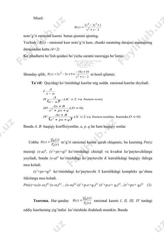 ratsional kasrlarni eng sodda kasrlarga yoyish yo’li bilan ratsional funksiyalarni integrallash - Page 4