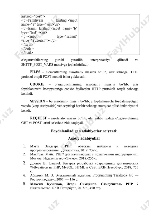 1120 стр. foydalanilgan internet saytlar 1. www.ziyonet.uz 2. www.tami.uz 3. www.php-start.com 4. www.htmlweb.ru/php 5. www.ruseller.com 6. www.webshake.ru 7. www.qaru.site/questions/tagged/php 8. https://webbooks.com.ua/?p=1654 http://www.ziyonet.uz/ http://www.tami.uz/ http://www.php-start.com/ http://www.htmlweb.ru/php http://www.ruseller.com/ http://www.webshake.ru/ http://www.qaru.site/questions/tagged/php https://webbooks.com.ua/?p=1654