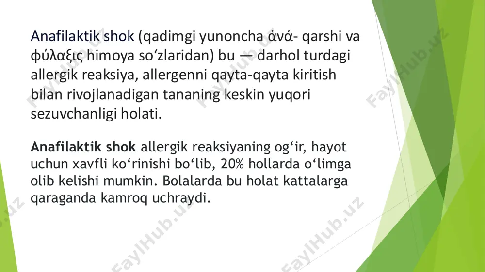 lishi mumkin: ko'ngil aynishi ko‘krak qafasida og‘riq bosh og'rig'i isitma ipsimon puls kvinke shishi qizari slide 6: anafilaktik shok simptomlarini joylashishiga ko‘ra tasniflash mumkin: teri qoplamalari: qichishish, eshakem, kvinkening shishi asab tizimi: bosh og‘rig‘i, ko‘ngil aynishi, talvasa, beixtiyor siyish, hushdan ketish nafas olish organlari: bo‘g‘ilis slide 7: diagnostika biokimyoviy qon tahlili immunologik tekshiruvlar umumiy qon tekshiruvi anafilaktik shokni tashhislash uchun allergolog shifokor quyidagilarni buyuradi: slide 8: anafilaktik shokni davolash anafilaktik shokda birinchi yordam quyidagilarni o‘z ichiga oladi: allergen bilan aloqani darhol to‘xtatish cho‘qilgan yoki allergen kiritilgan joyga jgut qo‘yish bemorni yotqizmoq asfiksiyani oldini olish uchun tilni slide 9: tibbiy yordam quyidagilarni o‘z ichiga olishi mumkin: sun’iy nafas olish yurakni yopiq massaj qilish traxeostomiya bronxlar intubatsiyasi slide 10: xavf guruhi anafilaktik shok uchun xavf guruhini quyidagilar tashkil qiladi: allergiyasi bor odamlar astma bilan og‘rigan bemorlar anafilaktik shokni boshdan kechirganlar ayollar slide 11: oldini olish anafilaktik shokning oldini olish uchun bemorlarga quyidagilar …