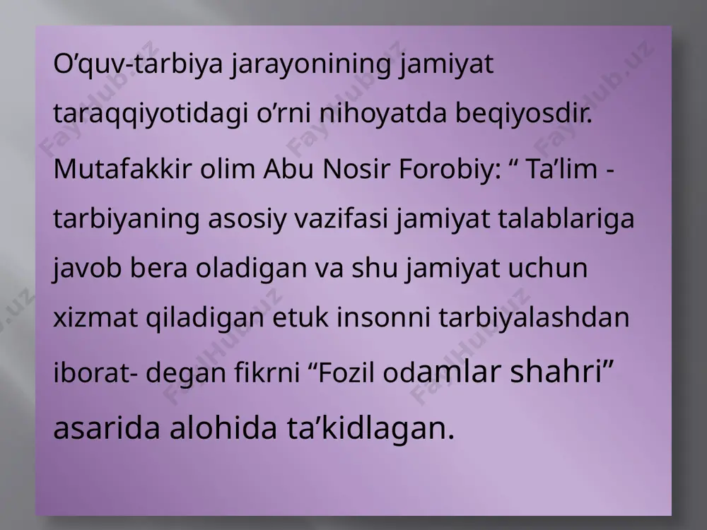asadagi ta’lim - tarbiya sifati, moddiy – texnika bazasining mustahkamligi, o’quv jarayonida axborot - kommunikatsiya vositalari va o’qitishning zamonaviy metodlaridan, innovatsiyalardan samarali foydalanilayotgani o’quvchi shaxsini kamol toptirishga qaratiladi va o’quv dargohining bilim o’chog’i degan maqomga munosibligini ko’rsatadi. pedagogik diagnostika funktsiyalari teskari aloqa funktsiyasi ko'zlangan o'quv-tarbiyaviy maqsadlarga erishish shakllari va yo'llarini tahlil qilish; maqsad va vazifalami belgilash funktsiyasi jamoaning taraqqiy qilish istiqbollarini, istiqboliy rejalarini aniqlash; taqsimot funktsiyasi jamoa a'zolari o`rtasida burchlari, vazifalarini taqsimlash yaratish funktsiyasi kattalarning yoshlar bilan muloqot qilishining sog'lom muhitini tarkib toptirish; pedagogik tajribani o'rganish va umumlashtirish funktsiyasi pedagogik korreksiyalash funktsiyasi yoshlar xulqidagi, ta’limiy faoliyati, tarbiyaviy jarayondagi nuqsonlarni bartaraf etish vazifasini o'taydi, ta'lim beruvchi va ta'lim oluvchilarni attestatsiyalashda qo`l keladi; motivatsiya va rag'batlantirish funktsiyasi o'quvchi-yoshlarning hamda tarbiyachi-o'qituvchilarning ta'lim olish va ta'lim berish faoliyatini rag`batlantirishni, tashqi stimullarni adekvat qabul qilishni nazarda tutadi. tarbiyaviy jarayonda komillikka intilishni kuchaytiradi; nazorat funktsiyasi ta'limiy-tarbiyaviy jarayonda turli xil nazorat turlarini o`tkazishni nazarda tutadi, chunki diagnostika …