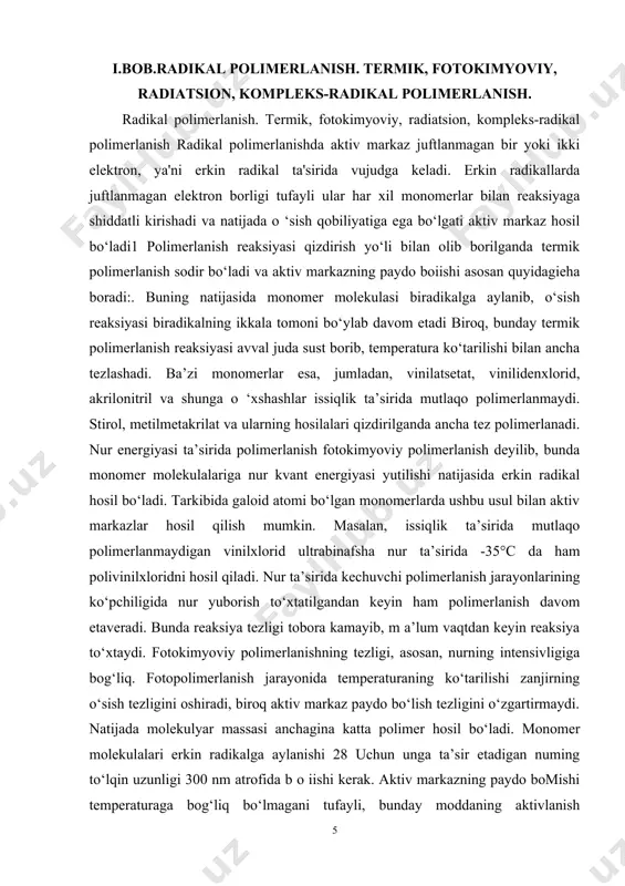 ko‘tarilishi zanjirning o‘sish tezligini oshiradi, biroq aktiv markaz paydo bo‘lish tezligini o‘zgartirmaydi. natijada molekulyar massasi anchagina katta polimer hosil bo‘ladi. monomer molekulalari erkin radikalga aylanishi 28 uchun unga ta’sir etadigan numing to‘lqin uzunligi 300 nm atrofida b o iishi kerak. aktiv markazning paydo bomishi temperaturaga bog‘liq bo‘lmagani tufayli, bunday moddaning aktivlanish energiyasi juda kam, 16—25 kj/mol atrofidadir. fotopolimerlanish jarayonining tezligini oshirish maqsadida sistemaga nur ta’sirida oson parchalanib, radikal hosil qiluvchi birikmalar – sensibili 'zatorlar qo‘shiladi. monomer molekulalarini a, (3. u nurlari. rentgen nurlari, tezlashtirilgan clektronlar va boshqa yuqori energiyali zarrachalar yordami bilan ham radikallash mumkin. bunday jarayon radiatsion poiimerlanish deyiladi. radiatsion polimerlanish jarayoni boshlanish davrida fotokimyoviy poiimerlanish qonunlariga bo‘ysunadi. jarayonning oxirlarida esa bir qancha qo‘shimcha reaksiyalar sodir bo‘lib, reaksiya mexanizmi juda murakkablashib ketadi. buning asosiy sababi katta energiyali nurlaming sistemadagi atom, guruh va qo‘sh bog‘larga murakkab ta’sir ko‘rsatishida va ulardagi elektron bulutlami jiddiy o ‘zgartirib yuborishidadir. erkin radikalli zanjirlarning monomer …
