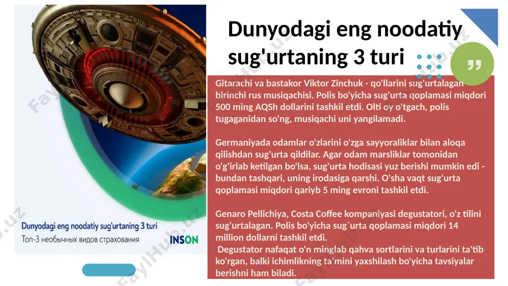 tgan haydovchi tekinga 2 yoki 3 oy muddatga sug’urta qilinadi. shamash sug`urta bu sug`urta turi ishlab chiqarish paytida sodir bo’lgan noxushlik yoki texnik avariya holatida yaroqsiz holatga keladigan texnika vositalarga joriy etilgan sug’urta. bugungi kunda o’zbekiston respublikasidaham sug`urta turlari mavjud eng yirik sug`urta kompaniyalaridan biri bu: “o‘zagrosug`urta” davlat aksiyadorlik sug`urta kompaniyasi. “alskom” sug`urta kompaniyasi . "asia insurance" "kapital sug`urta" "o'zbekinvest" "asia insurance" "kapital sug`urta" o’zbekistondagi bu ikki sug`urta kompaniyalarning asosiy faoliyatlari quydagich. “alskom” sug`urta kompaniyasi mamlakatimizdagi yetakchi sug‘urta kompaniyalaridan biridir uning o‘ziga xos jihati shundaki, kompaniya axborot-kommunikatsiya texnologiyalari sohasida faoliyat ko‘rsatadigan subye’ktlarni sug’urtalash orqali kompleks himoyalashga intilmoqda. . . kompaniya sug`urta bozorida 1996-yildan buyon faoliyat ko‘rsatib kelmoqda “alskom” bugun viloyat markazlarida 15 ta filial shuningdek tuman va qishloqlarda polislarni sotish bo’yicha 40 dan ortiq bo’lim va markaziga ega. , o‘zbekiston respublikasi prezidentining «o‘zbekiston respublikasi moliya vazirligi huzuridagi sug‘urta bozorini rivojlantirish agentligi faoliyatini tashkil etish chora-tadbirlari to‘g‘risida»gi 2019-yil 2-avgustdagi pq-4412-son qarori …