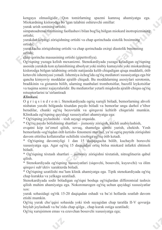 ing 18-24,5 % kasallangan. ayollar bu kasallik bilan kamroq kasallangan va bu kòrsatgich katta yoshdagi ayollar òrtasida 13-15 % ni tashkil qiladi. yurak qon tomir kasalliklardan sodir boʼladigan oʼlimning yarmidan kòpi yuik ga tògʼri keladi. stenokardiya yuik ning asosiy klinik shakllaridan biri boʼlib, u haqda birinchi ma’lumotlarni geberden (1772) qoldirgan hisoblanadi. ammo, gippokrat, soʼng bartoletti (1576-1630), garvey (1527-1658), morgani (1684-1771) qariyalarda boʼgʼilish, qoʼrquv, xushdan ketish va bezovtalik bilan kechuvchi koʼkrak qafasining chap tarafidagi ogʼrik haqida yozib qoldirganlar. yuik ning xavfli omillari. 1. oʼzgartirib bulmaydigan omillar: yosh (50-60); jins (erkaklar); irsiy moillik 2. oʼzgartirib boʼladigan omillar: arterial gipertenziya (ag); dislipidemiya; chekish; semizlik; uglevod almashinuvining buzilishi; kam harakatlik; noratsional ovqatlanish; gipergomotsisteinemiya va boshkalar. yuik ning ishchi tasnifi. 1. tòsatdan yurakdan sodir bòladigan òlim. 2. stenokardiya. 2.1. turg'un zòriqish stenokardiyasi (i dan iv gacha funktsional sinfni kòrsatib). 2.2. turg'un bulmagan stenokardiya: 2.2.1. ilk bor sodir bòlgan stenokardiya 2.2.2. rivojlanib boruvchi stenokardiya. 2.2.3. miokard …