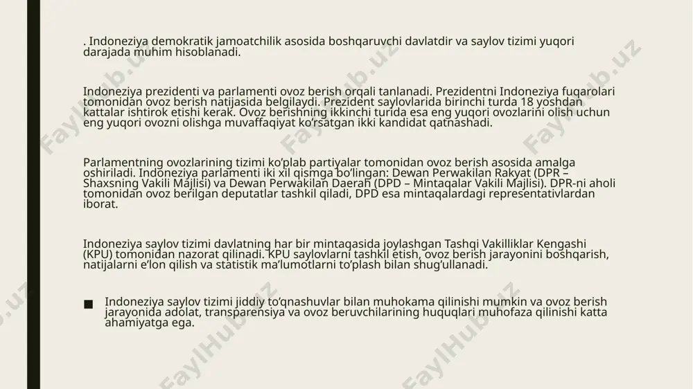 prosperous justice party (partai keadilan sejahtera, pks) 7. national mandate party (partai amanat nasional, pan) 8. united development party (partai persatuan pembangunan, ppp) indoneziya parlamenti (indonesian parliament) iki xil kamara bilan tashkil etilgan: 1. dewan perwakilan rakyat (dpr) – oliy majlis (people’s representative council) 2. dewan perwakilan daerah (dpd) – mintaqaviy majlis (regional representative council) dpr deputatlarining soni 575 ta, dpd deputatlarining soni esa 136 ta bo’lib, jami 711 deputat mavjud. image1.jpeg image2.jpeg image3.jpeg image4.jpeg image5.jpeg image6.jpeg image7.jpeg image8.jpeg /docprops/thumbnail.jpeg