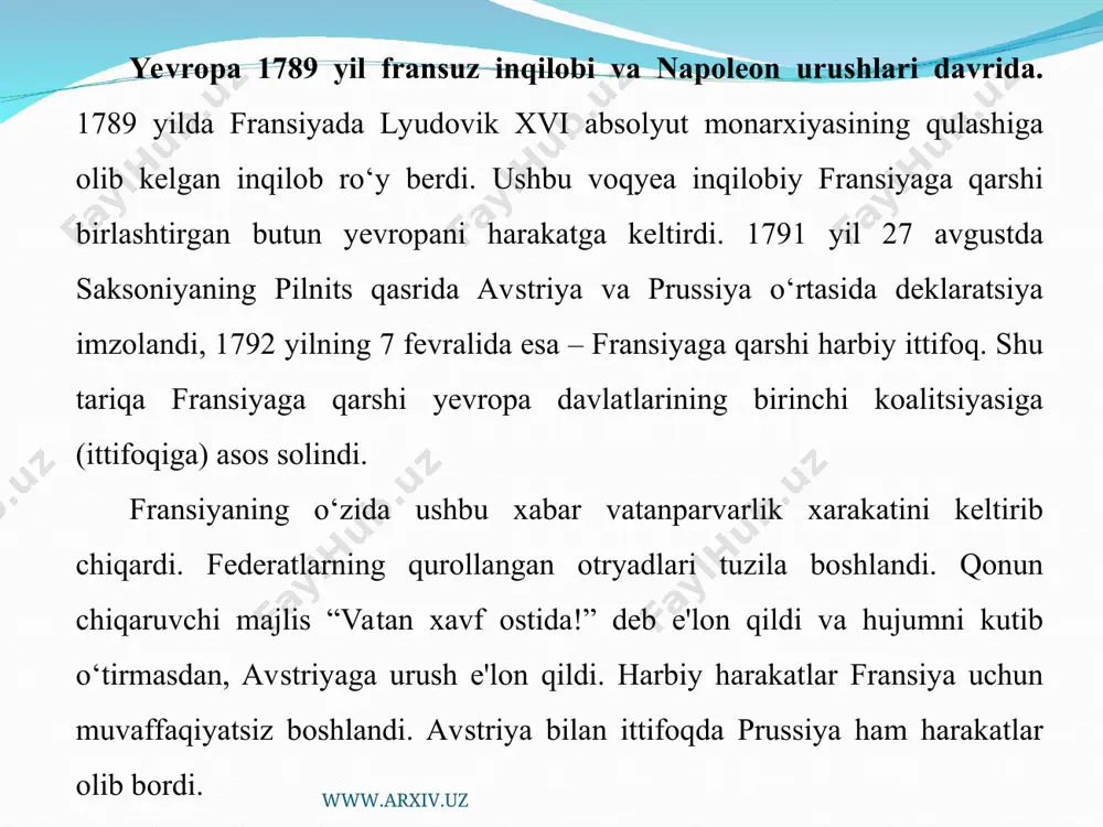 irgan shved qo‘shinlari lesnaya yaqinida mag‘lubiyatga uchradi. poltava jangi (1709)da shvetsiya butunlay tormor etildi va karl xii turkiyaga qochdi. www.arxiv.uz www.arxiv.uz boltiq floti gangut (1714), grengam (1720) va boshqalar joylarda g‘alabaga erishdi. nishtadt sulh shartnomasi (1721) bu urushga yakun yasadi. unga ko‘ra, liflyandiya (riga bilan birga), estlyandiya (revel, narva bilan birga), kareliyaning bir qismi (keksgolm bilan birga), ingermanlandiya (ijor yeri), ezel va dago o.lari rossiyaga o‘tdi. rus qo‘shinlari tomonidan bosib olingan finlyandiya yerlarining ko‘p qismi shvetsiyaga qaytarildi. rossiya shvetsiyaga 2 mln. yefimka (pul birligi) miqdorida tovon to‘ladi, har ikki davlat o‘rtasidagi savdo munosabatlari tiklandi. avstriya-prussiya urushi (1866) — avstriya bilan prussiya o‘rtasida ko‘pdan beri davom etib kelgan janjalga barham bergan, germaniyani birlashtirishda qaysi nemis davlati hukmron bo‘lishi mumkin degan masalani hal etgan urush. www.arxiv.uz www.arxiv.uz prussiya kansleri bismark urushga diplomatik va harbiy jihatdan puxta tayyorlik ko‘rib, fransiya va rossiyaning bu urushda betaraf bo‘lishi to‘g‘risidagi va'dalarini oldi. urushning dastlabki kunlaridayok, avstriyaning …