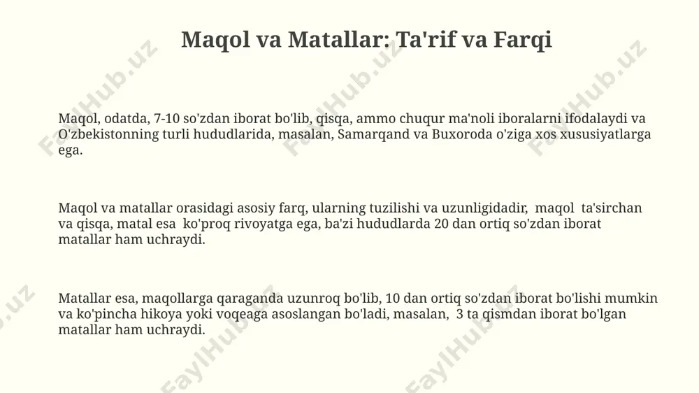 a "bir qo'lda ikkita qovun ko'tarilmaydi" maqoli uchrab, vaqtni samarali boshqarishga urg'u beradi. maqollar va hikmatli so'zlarning turli xil turlari o'zbekistonning turli mintaqalarida, masalan, xorazm yoki farg'ona vodiysi kabi hududlarda, 100 dan ortiq turli xil maqol va hikmatli so'zlarning o'ziga xos shakllari va ma'nolarini uchratish mumkin. maqollar, 2-3 so'zdan iborat qisqa va ravon iboralar bo'lib, ko'pincha 15-asr o'zbekiston hududlarida yashagan xalq og'zaki ijodining namunasi hisoblanadi va hayot haqidagi chuqur fikrlarni ifodalaydi. hikmatli so'zlar esa, maqollarga qaraganda uzunroq, murakkabroq tuzilishga ega bo'lib, 5 dan ortiq so'zlardan tashkil topadi va buyuk britaniya adabiyotidan olingan misollar singari, falsafiy mazmun kasb etadi. e'tiboringiz uchun rahmat @taqdimot_robot