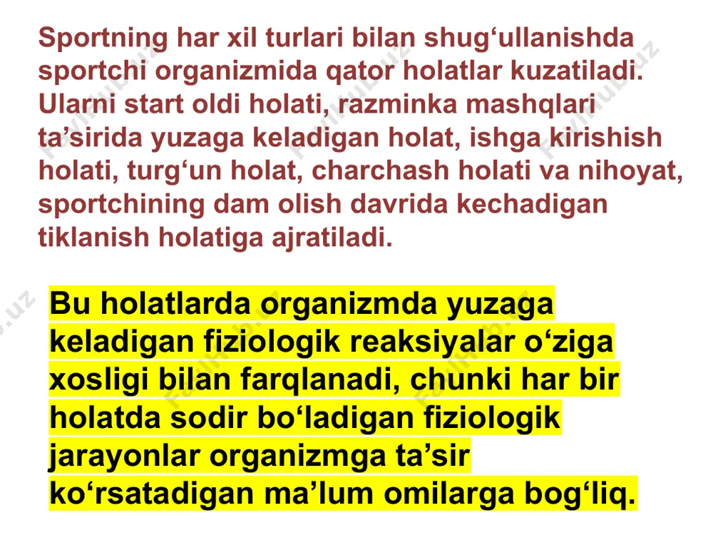 batan 2-2,5 marta ortadi. start holati fiziologik nuqtai nazaridan shartli refleksdan iborat. muskul ishi shartsiz ta’sirlovchi bo‘lib, uni bajarilishidagi hamma sharoitlar, faktorlar shartli ta’sirlovchi bo‘ladi. sportchilarda start oldi holatining uch xil shaklida ko‘rinishi aniqlangan: bular jangovar tayyorlik, start oldi holatini (titrog‘i) va start oldi apatiyasi (loqaydlik)dir. jangavor tayyorgarlik holati- bu holatdagi sportchi bo‘lajak ishni optimal holatda kutib oladi., ya’ni bunday holatga ega bo‘lgan sportchining markaziy asab sistemasida asab jarayonlari (qo‘zg‘alishva tormozlanish) teng, nisbatan optimal rivojlangan bo‘lib, harakat va vegetativ funksiyalarni bajariladigan ishga mos holda o‘zgarishini ta’minlaydi. start oldi titrog‘i –markaziy asab sistemasida qo‘zg‘alish jarayonining keragidan ortiq ko‘payishi, uning tormozlanishidan –ustun turishi va organizmga keng yoyilishi oqibatida yuzaga keladi. bunday holatdagi sportchidan diffirensirovka buziladi, natijada sportchi musobaqalarida boshlanayotgandayoq qator xatolarga yo‘l qo‘yadi. start oldi apatiyasi bu holatda sportchining markaziy asab sistemasida tormozlanish jarayoni qo‘zg‘alishidan ustun turadi. natijada, sportchi o‘z imqoniyatlarini past baholab, musobaqaga qatnashmaslikka harakat qiladi. start oldi apatiyasi jismonan yaxshi …