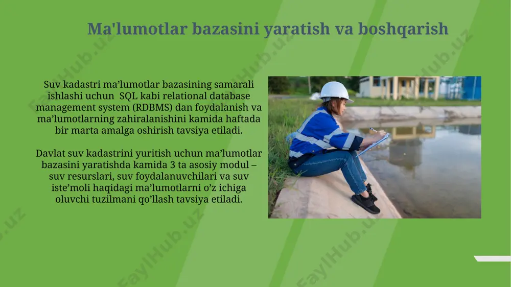 lanish bo’yicha 5 yildan ortiq ma’lumotlarni tahlil qilish orqali, aniqlangan noqonuniy faoliyatlar bo’yicha tegishli choralar ko’riladi va huquqiy javobgarlik masalalari ko’rib chiqiladi. auditoriya nazorati natijalariga ko’ra, kamida 3 ta muhim kamchiliklar aniqlansa, suv kadastrini yuritish bo’yicha tegishli idoralarga takliflar beriladi va ularning bajarilish muddati belgilanadi. kadastr ma'lumotlaridan foydalanish tartibi kadastr ma'lumotlaridan foydalanish uchun 15 kun ichida rasmiy so'rovnoma topshirish va 30 kun ichida tegishli to'lovni amalga oshirish zarur. kadastr ma'lumotlarining aniqligi va ishonchliligini ta'minlash uchun kamida har 5 yilda bir marta yangilanish va tekshiruvdan o'tkazish lozim. kelajakdagi rivojlanish istiqbollari davlat suv kadastrini geospatial texnologiyalar, masalan, 3d modellashtirish va sunʼiy yoʻldosh maʼlumotlaridan foydalanish orqali yanada takomillashtirish mumkin, bu esa aniqlik va samaradorlikni 15% ga oshiradi. suv kadastri maʼlumotlarini ochiq maʼlumotlar platformalariga integratsiyalash orqali shaffoflikni taʼminlash va foydalanuvchilar sonini 30% ga koʻpaytirish, shu bilan birga suv resurslaridan oqilona foydalanishni ragʻbatlantirish mumkin. xalqaro hamkorlik va tajriba almashinuvi jahon banki va bmtning suv resurslari …