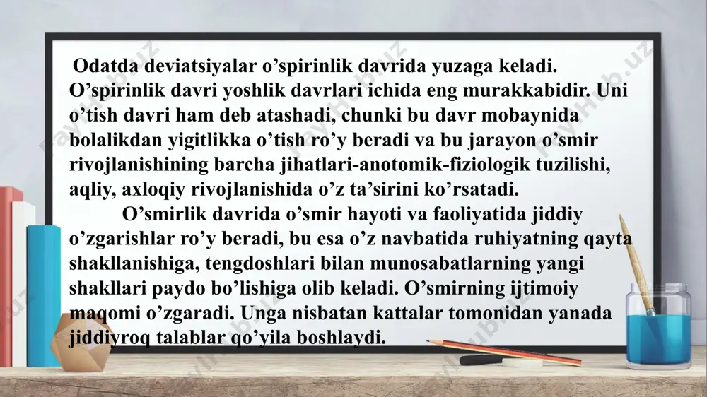 huvi. 3. ijtimoiy-pedagogik omillar 4. ijtimoiy-iqtisodiy omillar ijtimoiy tengsizlik, jamiyatning boylar va kambag’allarga sinflashishi, axoli ko’p qismining kambag‘allashib ketishi, ishsizlik, inflyatsiya, daromad olish usullarining cheklab qo’yilishidan iborat. 5. axloqiy omillar bir tomondan zamonaviy jamiyatning past axloqiy darajasida, qadriyatlarning yo‘qolib ketishida namoyon bo‘lsa, boshqa tomondan esa jamiyatning deviant xulq-atvorning namoyon bo‘lishiga befarq qarashida o‘z aksini topadi. bostirish mexanizmi o’smirlar deviant xulq-atvorining profilaktikasi. o’smirlik yoshida deviatsiya namoyon bo’lishining tinimisiz oshib borishi ijtimoiy pedagog oldida bu o’smirlar bilan ishlashning yangi usullari, texnologiyalarini izlash va ularga tadbiq etish vazifasini qo’yadi. ilmiy nazariy va amaliyotda ikki asosiy texnologiya-profilaktika va reabilitatsiya keng tarqalgan. profilaktika-o’smirlar xulq-atvorida ijtimoiy normalardan og’ishning turli shakllarini keltirib chiqaruvchi asosiy sabab va sharoitlarni bartaraf etishga qaratilga ijtimoiy, tibbiy, tashkiliy, tarbiyaviy va davlat tadbirlarining majmuasidir. u asosan bolani o’rab turuvchi muhitga bog’liq bo’ladi. 3.deviant xulq-atvorli bolalar bilan ijtimoiy-pedagogik amaliyot yuritish. profilaktika chora-tadbirlarini amalga oshirayotganda ijtimoiy pelagog quyidagi qoidalarga suyanadi: 1. ijtimoiy madaniy normani o’zlashtirish …