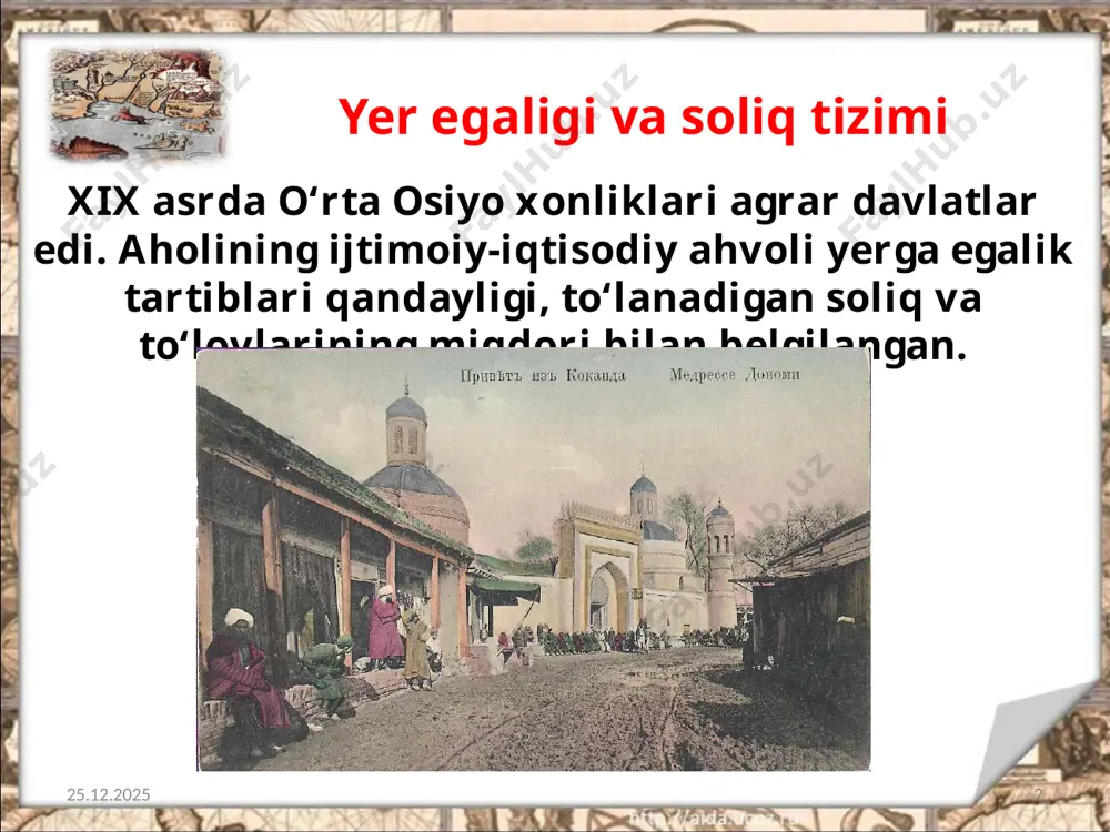 rlar esa hunarmandchilik mahsulotlari bilan savdo-sotiq qilgan. o‘rta osiyo davlatlarida ko‘plab hunarmandchilik markazlari mavjud bo‘lib, ular mahalliy xususiyatlariga ko‘ra turli hunarmandchilik sohalariga ixtisoslashgan. 18.08.2020 10 masalan, marg‘ilonda atlas to‘ qish, do‘ppichilik, rishtonda kulolchilik, shahrixonda pichoqchilik, do‘ppichilik, duradgorlik, chustda ham do‘ppichilik, pichoqchilik, qo‘qonda temirchilik, duradgorlik, zargarlik rivojlangan. 18.08.2020 11 o‘rta osiyo xalqlari o‘rtasida azaldan hunarmandlarga hurmat bilan qaralgan, hunar egallash va bu kasbga munosib bo‘lish yaxshi fazilat hisoblangan. 18.08.2020 12 o‘rta osiyo savdogarlari eron, xitoy, hindiston, afg‘oniston, rossiya davlatlari va qozoq juzlari bilan savdo-sotiq qilganlar. 18.08.2020 13 xorijda hunarmandlarning zargarlik mahsulotlari, shoyi va atlas matolari, kulolchilik buyumlari yuqori baholangan. 18.08.2020 14 bu davrda o‘rta osiyodagi ichki va tashqi savdoning yanada jadal rivojlanishiga uchta davlat o‘rtasidagi kelishmovchiliklar, ichki nizolar va notinchliklar salbiy ta’sir ko‘rsatgan. 18.08.2020 15 image2.jpeg image3.jpeg image4.jpeg image5.jpeg image6.jpeg image7.jpg image8.jpg image9.jpg image10.jpg image11.jpeg image12.jpg image13.jpg image14.jpeg image15.jpg image16.jpeg image17.jpg image1.jpeg