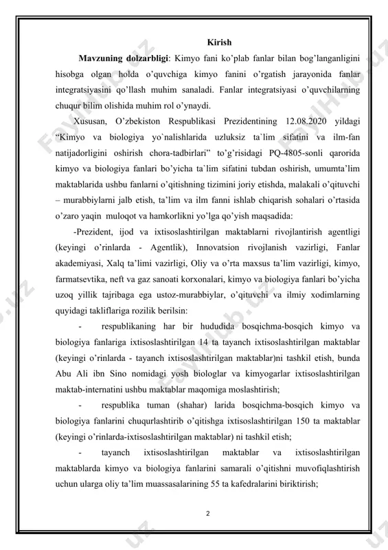 r ixtisoslashtirilgan maktab-internatini ushbu maktablar maqomiga moslashtirish; · respublika tuman (shahar) larida bosqichma-bosqich kimyo va biologiya fanlarini chuqurlashtirib o’qitishga ixtisoslashtirilgan 150 ta maktablar (keyingi o’rinlarda-ixtisoslashtirilgan maktablar) ni tashkil etish; · tayanch ixtisoslashtirilgan maktablar va ixtisoslashtirilgan maktablarda kimyo va biologiya fanlarini samarali o’qitishni muvofiqlashtirish uchun ularga oliy ta’lim muassasalarining 55 ta kafedralarini biriktirish; · ishlab chiqarish tarmoqlari uchun o’rta bo’g’in kadrlar tayyorlash tizimini samarali yo’lga qo’yish yuzasidan kimyo va biologiya yo’nalishlariga tegishli mutaxassisliklar bo’yicha o’rta bo’g’in kadrlarini tayyorlaydigan 47 ta professional ta’lim muassasalariga ishlab chiqarish korxonalarini biriktirish. -tashkil etiladigan tayanch ixtisoslashtirilgan maktablar va ixtisoslashtirilgan maktablarga oliy ta’lim muassasalarining kafedralari, ilmiy tadqiqot muassasalari va ishlab chiqarish tarmoqlarini biriktirish; -2020/2021 o‘quv yilida umumiy o‘rta ta’lim muassasalarida kimyo va biologiya fanlariga qiziqishi bo‘lgan o‘quvchilar uchun tajriba-sinov sifatida joriy etilayotgan tabiiy fanlar yo‘nalishidagi variativ (o‘zgaruvchan) o‘quv rejalarini bosqichma-bosqich o‘quv jarayonida foydalanishni yo‘lga qo‘yish, shuningdek, o‘quvchilarning amaliy ko‘nikmalarini shakllantirish maqsadida tabiiy fanlar o‘quv dasturlarida amaliy mashg‘ulotlarning …