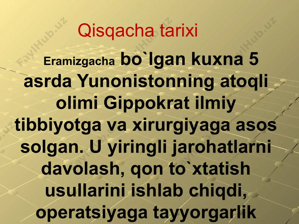 davrida (7-15 kun davomida) somatik sistemaning umumiy holati o'z vaqtida yaxshilanadi, bevosita operatsiyaga tayyorgarlik ko'rish davrida esa sanitariya ishlovi o'tkaziladi, qovuq va to'g'ri ichakdagi narsalar chiqartirib yuboriladi bevosita operatsiyaga tayyorgarlik davri tadbirlari va belgilangan turdagi (stenozda me'dani tozalash, yo'g'on ichakni rezeksiya qilishdan avval uni sifonli ho'qna qilish, yiringli o'pka kasalliklarida nafas yo'llarini sanatsiya qilish) operatsiyaga tayyorlanadi bemorni ruhan tayyorlash . xirurgik operatsiya ruhiy jihatdan sog'lom kishilarda u yoki bu darajada ruhan ezilishiga sabab bo'ladi. buni bartaraf etish yoki kamaytirishning uddasidan chiqilsa, bemorni operatsiyaga tayyorlashga ham, operatsiyadan keyingi natijalarga ham yaxshi ta'sir ko'rsatadi xirurgik operatsiyani o'tkazish jarrohlik yo'li bilan davolashni to'g'ri amalga oshirish uchuk katta ahamiyatga ega bo'lgan operatsiya xonasidagi ishlarni tashkil etish haqida ham gap boradi xirurgik operatsiya bir nechta bosqichdan iborat: 1) bemorni operatsiya stoliga yotqizish; 2) operatsiya maydonini tayyorlash; 3) og'riqsizlantirish; 4) operatsiya qilishga kirishish; 5) operatsiyani amalga oshirish 6) operatsiyani tugatish. 1. bemorni operatsiya stoliga yotqizish hamma …