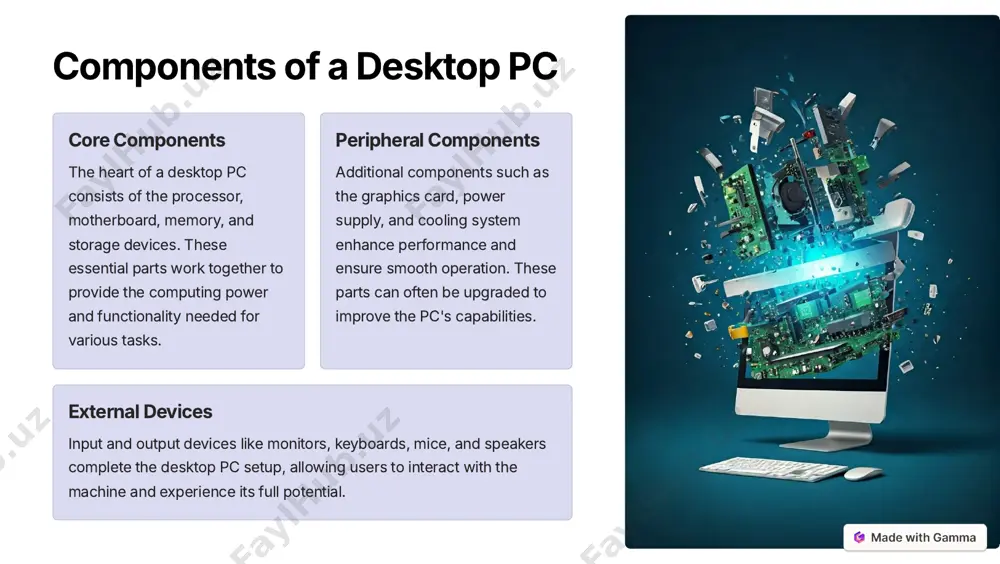 de the cpu socket, ram slots, pcie slots for expansion cards, sata ports for storage devices, and various i/o ports for external connections. choosing the right motherboard when selecting a motherboard, consider factors such as form factor (atx, matx, itx), socket type for cpu compatibility, chipset features, and future upgrade potential. https://gamma.app/?utm_source=made-with-gamma memory (ram) purpose random access memory (ram) provides temporary, high-speed storage for data that the cpu needs to access quickly. it significantly impacts system performance and multitasking capabilities. types common ram types include ddr4 and ddr5, with varying speeds and capacities. higher frequencies and larger capacities generally offer better performance, especially for demanding applications. considerations when choosing ram, consider compatibility with your motherboard, desired capacity, and speed. many modern systems benefit from 16gb or more of ram for smooth operation. https://gamma.app/?utm_source=made-with-gamma storage (hard drive, ssd) feature hard disk drive (hdd) solid state drive (ssd) technology mechanical, spinning platters …