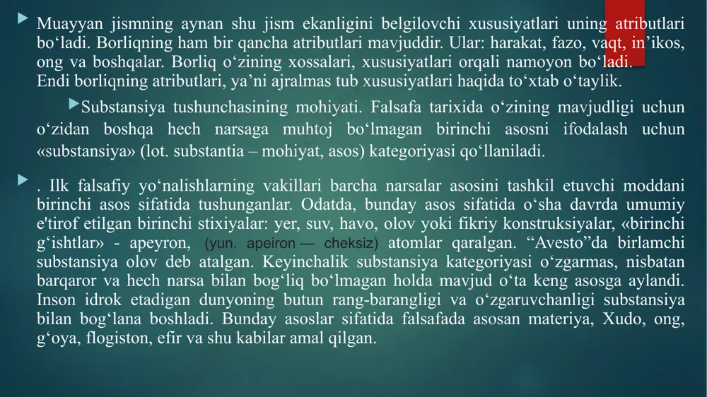 molekulalar emas, balki xx asrda kashf etilgan dnk va rnk hisoblanadi. ayrim olimlar yer usti hamda yer ostida yuz berayotgan jarayonlar haqidagi hozirgi tasavvurlarga asoslanib harakatning geologik shaklini farqlamoqdalar. xix asr oxirlarida materiyaning harakat shakllari tasnifi ishlab chiqilayotganida, ilmiy davralarda fanlarni tasniflashga nisbatan kontcha yondashuv shakllangan edi. pozitivizm asoschisi o.kont har bir fan predmetini materiya harakatining alohida shakli tashkil etishi, turli fanlarning ob'ektlari esa bir-biridan keskin farq qilishiga ishonchi komil edi (mexanika, fizika, kimyo, biologiya, sotsiologiya va hokazo). mazkur muvofiqlik fanlarni muvofiqlashtirish tamoyili deb nomlandi. bunda turli fanlar o‘rganadigan ob'ektlar bir-biri bilan qanday bog‘langanligi va bir-biriga o‘tishiga e'tibor berildi. quyidan oliyga, oddiydan murakkabga sari yuksalib boradigan harakatlanuvchi materiyaning progressiv rivojlanish jarayonini aks ettirish g‘oyasi tug‘ildi. mexanika fizika bilan bog‘lanishi va unga o‘tishi, fizika kimyoga, kimyo biologiya va ijtimoiy fanlarga o‘tishini nazarda tutuvchi yondashuv (mexanika, fizika,kimyo,biologiya, ijtimoiy fanlar) subordinatsiya tamoyili deb nomlanadi. darhaqiqat, qayerga nazar tashlamaylik, biz harakatning boshqa shakllariga mutlaqo …