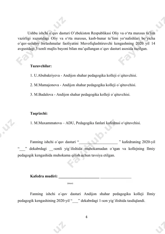 texnologiyalardan, shuningdek ,audio, video, kompyuter texnikasidan foydalaniladi. ii. “badiiy ijodiy faoliyat” o’quv amaliyotidan namunaviy dastur asosida tuzilgan ishchi dastur soatlarining taqsimlanishi. № mavzuning nomi mavzuning qisqacha mazmuni jami o’qitishni tashkiliy shakli mustaqil ta’lim 1 qog’oz va karton turlari . qog’oz va kartondan trafart, shablon va muxr tayyorlash texnikasi. qog’z va karton navlarini to`plash va ijodiy ish bajarish. trofaret, shablon va muxr tayyorlash texnikasi.trofaret, shablon va muxr tayyorlash bo`yicha amaliy ish bajarish 6 а 3 2 qog`ozga turli bo`yash usullaridan foydalanib rang berish akvarel, guash, moyli bo’yoq, tush va tabiiy ranglar, klestr, tampon, rangli qalam yordamida oddiy va murakkab bo’yash turlarini bajarish. noan'anaviy rasm chizish turlari yordamida ijodiy ishlar bajarish. 6 а 4 3 turli applikatsiya usullarida ijodiy ish bajarish qirqib yopishtirishning xar xil usullari. predmetli, mazmunli, dekarativ, mazaika, kandli, kvilin, applikatsiya usullaridan foydalanib ijodiy ishlar bajarish 12 а 4 4 qog`ozni buklash yo`li bilan o`yinchoqlar yasash. ”origami” qog’ozni buklash ya’ni …