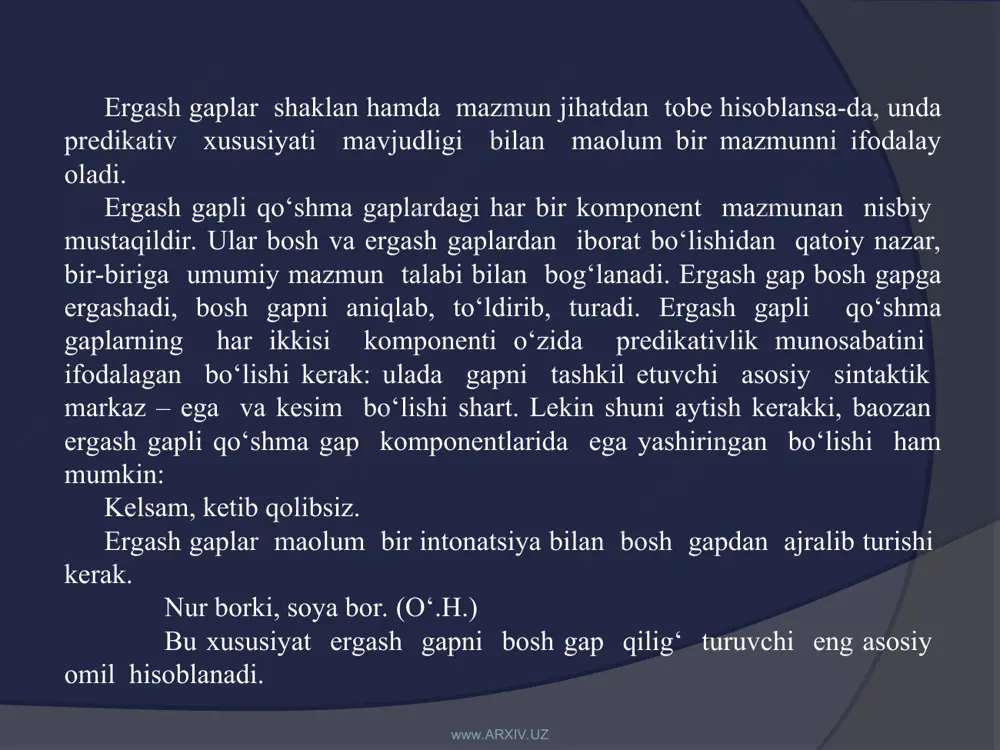 yuklamaga yaqinlashtiradi. «ki» bog‘lovchisi ikki o‘rinda: a) ergash gap kesimi tarkibida: onang borki, baxting barqaror. b) bosh gap kesimi tarkibida qo‘llanadi: shunday odamlar bo‘ladiki, ular faqat o‘zlarini o‘ylaylaydilar. (p.tursun) www.arxiv.uz www.arxiv.uz chunki bog‘lovchisi. bu bog‘lovchi, asosan sabab ergash gaplarni bosh gapga bog‘lab keladi va ergash gap tarkibida qo‘llanadi: bugun u juja xursand, chunki dadasi kelgan. aldamoqqa qalbing qodirmas, chunki farishtasan bebaho. (l.) chunki yordamida bog‘lanadigan sabab ergash gaplar uyushib kelishi ham mumkin, bunday paytda chunki bog‘lovchisi har bir ergash gap tarkibida takrorlanib kelishi kuzatiladi. 3. negaki bog‘lovchisi so‘roq olmoshidan yasalgan bo‘lib, voqening yuzaga kelishi sababini aniqlash uchun ishlatiladi. «negaki» bog‘lovchisi «chunki» bog‘lovchisining sinonimi hisoblanib, u ham asosan, sabab ergash gapni bog‘laydi va ergash gap tarkibida keladi: -oyqiz buning sababini ham surishtirmadi, negaki boshqa brigada boshliqlari ham kelishlari kerak edi. (sh.rashidov) 4.sababki bog‘lovchisi ham chnki, negaki bog‘lovchlarining sinonimi xisoblanib, sabab ergash gapni bosh gapga bog‘lash uchun xizmat qiladi: bu to‘g‘rida u …