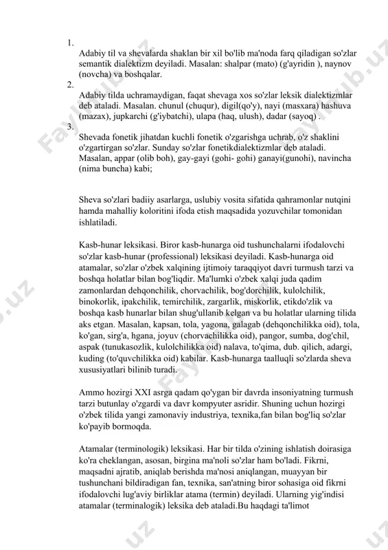 r tashlasak, birinchidan, shu tilda so'zlashuvchlarning barchasi uchun tushunarli bo'lgan umummillat xususiyatiga ega bo'lgan so'zlarni, ikkinchidan, millatning ma'lum bir ijtimoiy taraqqiyoti natijasida guruhlanishi bilan bog'liq ayrim so'zlarni ko'ramiz. shunga ko'ra ularni ikki turga bo'lish mumkin. umumxalq leksikasi. o'zbek tilida so’zlashuvchilarning hammasi uchun tushunarli va keng iste’mol qilinadigan so’zlar umumxalq o'zbek till ieksikasi deyiladi. masalan , ota, ona, uka, osh, non, suv, tog’, tosh, kun, yil, dehqon, qo'l, bet, men, sen, ko'p, oz, keladi, ketdi, ming kabi umumxalq o'zbek tilining ish ko'rish, iste'mol doirasi juda keng va o'z ichida adabiy tildan tashqari uning barcha mahalliy ko'rinishlarini ham o'z ichiga oladi. masalan: yuzlab shevalarni o'zida birlashtirgan qorlig'. qipchoq. o'g'iz lahjalari umumxalq o'zbek tilining tarkibiy qismlari sanaladi. dialektal leksika yagona millix tilda ishlatilmaydigan, ayrim hududdagina qo’llanadigan so'z sheva so’zlari deyiladi va ularning yig'indisi dialektal leksika deb ataladi masalan. charcha, tarak(surxondaryo) \n\ish (andijon), chagana(surxondaryo), chapo'sh (surxondaryo), kallapo'sh (surxondaryo), checha (qashqadarvo), olvoli (samarqand), taka (xorazm), …