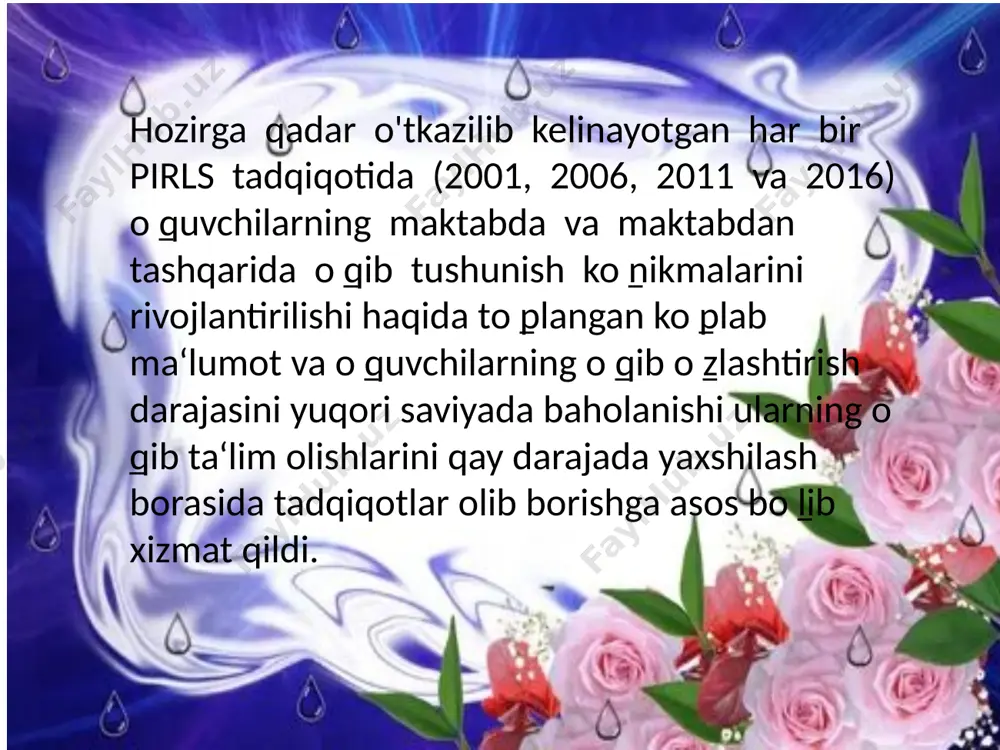 i demografiyasi, maktab muhiti va maktabda yaratib berilgan imkoniyatlar va texnologik vositalar kabi maktab bilan bog ̳liq savollar so ̳raladi. 2011-yilda pirls va timss dasturlari birgalikda faoliyat olib borishlari natijasida umumiy o ̳rta-ta‘lim maktabida o ̳qishdan avvalgi boshlang ̳ich savodxonlik mashg ̳ulotlari shkalasi o ̳quvchining boshlang ̳ich raqamlar bilan ishlash mashg ̳ulotlari haqida savollar bilan to ̳ldirildi yaratib berilgan yetarlicha ishlash sharoiti, qulayliklar va o ̳quv inventarlari maktablarda ko ̳ngildagidek ta‘lim olish muhitini hosil qilishda muhim ahamiyatga ega. o ̳quv materiallariga nisbatan ―yetarlicha‖ terminini qo ̳llash noo ̳rin bo ̳lishi mumkin, ammo maktabdagi o ̳quv manbalarining hajmi va sifati, sifatli ta‘lim olishning garovi ekanini ko ̳rsatmoqda . pirls 2001 tadqiqotida maktab o ̳quv inventarlari, maktab o ̳quv binolari va o ̳quv sinflarining yetarli darajada bo ̳lishi kabi maktabning umumiy imkoniyatlari haqida ma‘lumotlar to ̳planib kelinmoqda. keyingi sikllarda pirls tadqiqotida ham kutubxona darsliklari hamda tadqiqotga oid o ̳quv ta‘minotlar/vositalar kabi o …