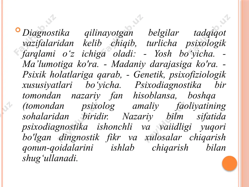 shdiagnostika jarayonida qaysi maqsadga erishish kerakligini aniqlash muhim. bu muammo aniqlash, rivojlanish darajasini baholash yoki muayyan psixologik muolajalar natijasini kuzatish bo‘lishi mumkin. nazariy asoslar. diagnostikada ishlatiladigan metod va usullarning ilmiy asosi bo‘lishi kerak. bu psixologik nazariyalar va tadqiqotlar bilan bog‘liq. metodlar va usullar. diagnostikada ishlatiladigan asosiy metodlar quyidagilar:so‘rovnomalar (anketalar) testlar (intellektual, shaxsiy, qobiliyatlarni aniqlash) eksperimentlar kuzatish suhbat proyektiv metodlar (rasm tahlili, erkin assotsiatsiyalar) natijalarni qayta ishlash. ma'lumotlar statistik va sifatli tahlil qilinadi, bu esa ob’ektiv xulosalar chiqarishga yordam beradi. xulosa va tavsiyalar. diagnostika natijalariga asoslanib, shaxsga individual yondashuv asosida maslahat va tavsiyalar beriladi. psixologik diagnostikaning asosiy printsiplari: ilmiylik – metodlar ilmiy asoslarga ega bo‘lishi lozim. ob’ektivlik – ma’lumotlar va xulosalar shaxsiy fikrlarga emas, faktlarga asoslanadi. individuallik – har bir insonning o‘ziga xos xususiyatlari hisobga olinadi. maxfiylik – diagnostika natijalari shaxsiy sir sifatida saqlanishi kerak. etika – diagnostik jarayon inson manfaatlariga zarar yetkazmasligi lozim. amaliy ahamiyati: psixologik diagnostika quyidagi sohalarda qo‘llaniladi: …