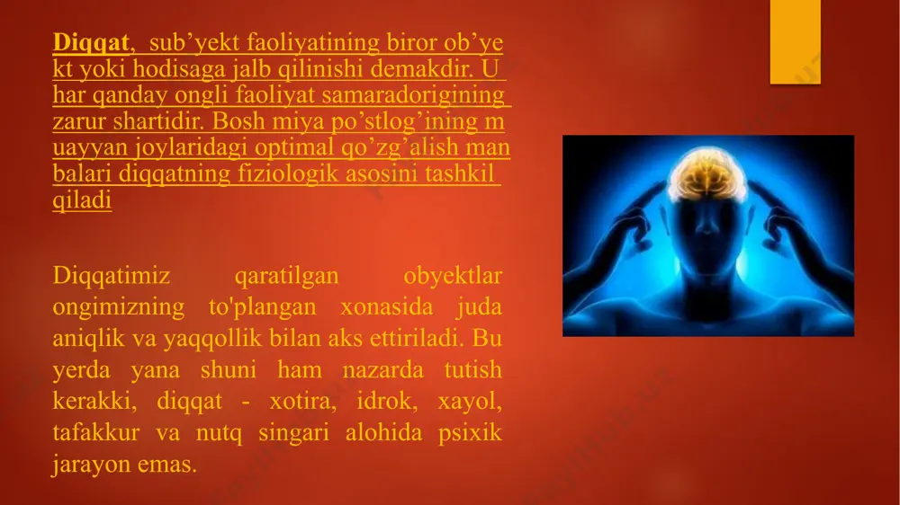 ylanishidan hosil bo`ladi. sezgi faqat hissiy organning komponentigina emas, balki faoliyat tarkibidir. sezgi psixik hodisa bo`lib, agar javob reaktsiya bo`lmasa yoki javob reaktsiyasi “mos” bo`lmasa hosil bo`lmaydi. sezgi a`zolari harakat a`zolari bilan bog`liq. analizator deb, i.p.pavlov tevarak - atrof voqeligini tahlil qilish uchun organizmning murakkab suratda moslanganiga aytadi. analizator uch qismdan iborat: 1) periferik (retseptor) - u tashqi ta`sirini nerv jarayoniga aylantiradi. 2) analizatorning periferiya qismini markaziy qism bilan bog`lovchi afferent (markazga intiluvchi) va efferent (markazdan qochuvchi) nervlar, o`tkazuvchi nerv yo`llari. 3) nerv impul’slari qayta ishlanadigan analizatorning miya po`stidagi qismlar. ekstrotseptiv sezgilar. ekstrotseptiv sezgilar organizmning sirtida bo`ladi. ko`rish, eshitish, hid bilish, ta`m bilish, teri sezgilari shular jumlasidandir. 2. interotseptiv sezgilar. ichki aʼzolar (yurak, qon va limfa tomirlari, nafas aʼzolari, ovqat hazm qilish yoʻllari va b.) 3. propriotseptiv sezgilar (oraliq) propriotseptiv sezgilar – turli harakat organlarining holatlarini aks etadi (muskul, harakat, kinetik va muvozanat). tasniflash xilma xil bo`ladi. turli - tuman …