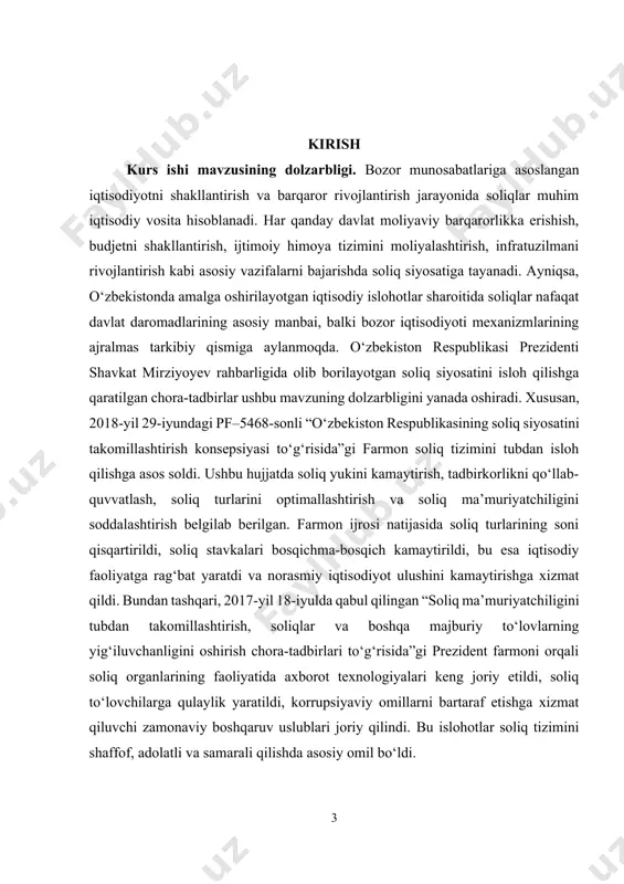 avzuning dolzarbligi aynan soliq islohotlarining mamlakat iqtisodiy taraqqiyotidagi real ta’siri bilan belgilanadi. kurs ishi mavzusining o‘rganilganlik darajasi. “soliqlar va ularning bozor iqtisodiyotidagi vazifalari” mavzusi iqtisodiy nazariya, moliya, davlat boshqaruvi va soliq siyosati sohalarida ilmiy jihatdan keng o‘rganilgan yo‘nalishlardan biridir. soliq tizimi orqali davlat iqtisodiyotning turli sohalarini tartibga soladi, ijtimoiy tenglikni ta’minlaydi, budjet daromadlarini shakllantiradi hamda biznes faoliyatiga bevosita yoki bilvosita ta’sir o‘tkazadi. shu sababli ham mazkur mavzu yuzasidan ko‘plab tadqiqot ishlari, monografiyalar, maqolalar va amaliy tahlillar yaratilgan. ayniqsa, mustaqillikdan so‘ng o‘zbekistonda milliy soliq tizimi shakllantirilgani, bozor iqtisodiyotiga mos ravishda isloh qilinib borilgani va bu jarayonlar iqtisodiy adabiyotlarda keng tahlil etilgani mavzuning dolzarbligini yana-da oshiradi. soliqlarning iqtisodiy mohiyati, fiskal, tartibga soluvchi va ijtimoiy funksiyalari bo‘yicha professor-o‘qituvchilar, ilmiy tadqiqotchilar, amaliyotchilar tomonidan ko‘plab ilmiy-uslubiy adabiyotlar yaratilgan. ayniqsa, “soliqlar va soliqqa tortish”, “soliq nazariyasi va tarixi”, “davlat moliyasi” fanlari doirasida bu mavzular keng va chuqur o‘rganilgan. o‘zbekiston respublikasi prezidenti tomonidan qabul qilingan qator qaror …