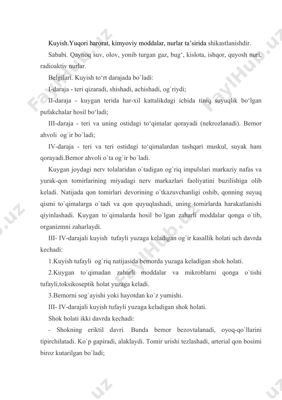 ir bo`lganidan 1-2 kun o`tgach boshlanadi. intoksikatsiya (zaharlanish) natijasida tana harorati ko`tariladi, nafas olish qiyinlashadi, o`pkada pnevmoniya, yurakda miokardit kasalliklari yuzaga keladi. tomir urishi tezlashadi, arterial qon bosimi pasayadi. bemor karaxt holatida qimirlamay yotadi. terisi oqaradi, qo`l-oyoqlari sovuq bo`ladi. uchinchi davr - kuyish juda og`ir bo`lsa, shok va toksikoseptik holatidan chiqmay bemor hayotdan ko`z yumadi. yoki o`z vaqtida ko`rsatilgan sifatli tibbiy yordam natijasida bemor tuzaladi. ammo, kuygan soha terisida jarohatning o`rni qoladi. tibbiy yordam. 1. i darajada kuygan joy qo‘l tekkizmasdan sovuq suv bilan yuvib, spirt (aroq, odekolon) surtiladi, kun davomida bir necha marta oksiklozol, pantinol, levian kabi aerozollardan bittasi sepib yoki surtib turiladi. 2. ii darajada kuygan joy sovuq suv bilan yuvilgach, spirt (aroq, odekolon) surtilib, bo‘shgina aseptik bog‘lam qo‘yiladi (pufakchalarni yorish, yog‘, vazelin surtish mumkin emas). - og‘riq qoldiruvchi dorilar:analgin (baralgin), demidrol, novokain qo‘shib muskul orasiga yuboriladi; - bemorni issiq ko`rpaga o`raladi, issiq choy, kofe ichiriladi; - yurak-tomir …