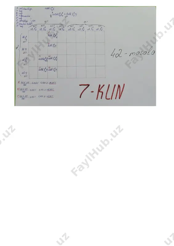 iliya bo’yicha sog’lom, qandsiz diabet bilan kasallangan (jinsga birikkan genlari digeterozigota, bir dominant genini onasidan, ikkinchisini otasidan olgan ) qiz. onasi normal barmoqli bo’lgan o’zi polidaktliya bilan kasallangan, tug’ma kar, gemofiliya bo’yicha kasal, qandsiz diabetga chalinmagan yigitga turmushga chiqdi. topshiriqni bajarish tartibi: 1) belgilar va ularni boshqaruvchi genlarni, ota-ona genotipini yozing; 2) pennet kataklariga ota-ona gametalarini va avlodlar genotipini yozing. berilgan ma’lumotlardan foydalanib quyidagi (a-c) topshiriqlarni bajaring. a) oilada normal barmoqli, tug’ma kar, gemofiliya va dandsiz diabet bo’yicha sog’lom farzand tug’ilish extimoli b) oilada ko’p barmoqli, tug’ma kar, gemofiliya va dandsiz diabet bo’yicha sog’lom farzand tug’ilish extimoli c) oilada normal barmoqli, yaxshi eshirtuvchi, gemofiliya va dandsiz diabet bo’yicha kasal farzand tug’ilish extimoli 43-masala. malum bir organizmda yung rangining irsiylanishi ko’p allellik qoidasiga bo’y sunadi. a-gen qora bo’lishni, a1-geni malla bo’lishni, a2-geni kulrang bo’lishni, a3-geni oq bo’lishni yuzaga chiqaradi. genlarni o’zaro ustunlik qilishi quydagicha: a>a1>a2>a3 populyatsiyada a geni eng yuqori % …