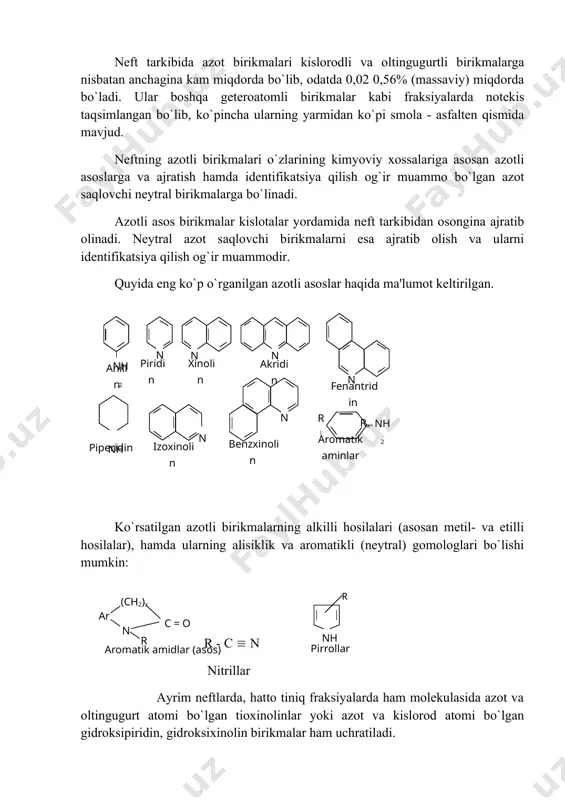 n. neftning neytral azot – organik birikmalari azot saqlovchi neytral birikmalar asosan pirrol, indol va karbazol hosilalari, hamda kislota amidlaridan iborat. pirrolning alifatik qator hosilalari neftdan ajratib olinmagan, biroq, ularning mavjudligi haqida fikr - gumonlar ham yo`q emas. pirrolning aromatik hosilalari bo`lmish indol, karbazol va ularning gomologlari topilgan va neftdan ajratib olingan. masalan, aqsh neftlarida quyidagi birikmalar va ularning hosilalari borligi aniqlangan: karbazol, benzokarbazol hosilalarining miqdori yuqori qaynaydigan fraksiyalar (450-5400c) da ortib borib, azotli birikmalarning asosiy qismini tashkil qiladi. undan tashqari, og`ir neft qoldiqlarida porfirinlar (metin ko`prigi orqali bog`langan 4 pirrol halqasi) va kislota amidlari mavjuddir. benzin fraksiyalarida azot amalda aniqlanmaydi. azotli birikmalar azotli asoslarining ko`pchilik qismi dizel va keng gazoyl fraksiyalarida yig`ilgan. azotli birikmalarning asosiy massasi 5000c gacha haydaluvchi fraksiyadan so`ng qolgan qoldiqda kuzatilib, asosan karbazol va pirrol hosilalaridan, ya'ni, neytral azotli birikmalardan iborat bo`ladi. azotli asoslarga esa qoldiqdagi azotning 1/3 qismi to`g`ri keladi. neftning oltingugurt saqlovchi birikmalari hozirda …