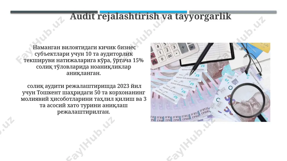йдаланиб, 2000 дан ортиқ ҳисоботлар текширилди, бунда аниқланган хатолар сони ўртача 7% ни ташкил этди. topilgan kamchiliklarni bartaraf etish самарқанд вилоятидаги 30 та ташкилотда ўтказилган текширувлар натижасида 2023 йилда мажбурий тўловлар бўйича 10% га яқин камчиликларга йўл қўйилгани ва 2 миллион сўм миқдорида қарздорлик аниқланди. фарғона водийсидаги 50 та кичик корхонада ўтказилган солиқ аудитида ҳужжатларнинг 25% нотўғри расмийлаштирилгани ва бундай ҳолатлар солиқ тўловларининг 7% гача пасайишига олиб келган. audit natijalarini taqdim etish samarqand viloyatidagi 10 ta kompaniyada o'tkazilgan audit natijalari bo'yicha, 30% ga yaqin soliq to'lovlarida noaniqliklar aniqlangani va bu holatlarda qo'shimcha tekshiruvlar o'tkazilishi zarurligini ta'kidlash lozim. auditoriya natijalarini taqdim etishda, toshkent shahridagi 50 ta korxonaning 2022-yilgi soliq deklaratsiyalarini tahlil qilish natijalariga asoslanib, aniqlangan kamchiliklar va ularning miqdorini (o'rtacha 15%) batafsil ko'rsatish kerak. xatolar va noqonuniy xarajatlarni aniqlash buxoro viloyatining qorako'l tumanidagi 3 ta fermer xo'jaligida o'tkazilgan tekshiruvlar natijalariga ko'ra, 1.5 million so'mlik soliq to'lovlari kechiktirilgani va norasmiy to'lovlarga oid …
