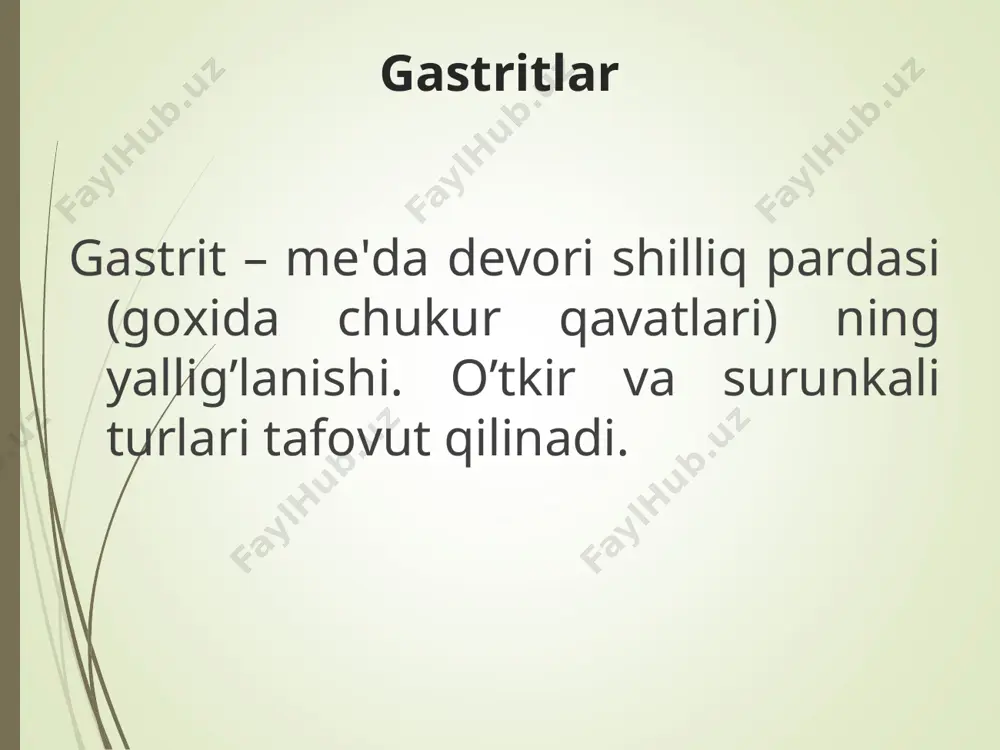 yaxshilovchi dori moddalar: nikotin kislotasi, askorbin kislotasi, solkoseril. 5. dispepsiyaga qarshi – serukal, reglan 6. og’riqqa qarshi spazmolitiklar surunkali kimyoviy gastrit davosi o’t kislotalarni neytralizasiya qilish- ursosan 500mg kechki ovqatdan keyin mikrotsirkulyatsiyani yaxshilash – aktovegin 5,0 ml m/o, 1-2 mahal, 10-15 kun profilaktikasi. surunkali gastritning oldini olish ovqatlanish rejimini to’g’ri qo’llashga va ovqat turlarini to’g’ri tanlashga, jamoa ovqatlanishini yaxshilashga, chekishga qarshi kurashishga asoslangan.