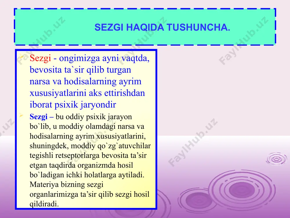 olari kishiga tevarak-atrofdagi olamda mo'ljal olish imkonini beradi. agar kishi barcha sezgi a'zolaridan mahrum bo'lsa, u o'zining atrofida nimalar sodir bo'layotganligini bilishdan mahrum bo'ladi , , s e z g i 5 sezish jarayoni quyidagicha ro‘y beradi 1) narsa yoki hodisalar sezgi organlariga (retseptorga) ta’sir etib, tegishli sezuvchi nervning chekka (periferi) uchlarini qo‘zg‘aydi; 2) shu yerda kelib chiqqan qo‘zg‘alish o‘sha nervning o‘tkazuvchi yo‘li orqali bosh miya po‘stining tegishli markaziy hujayralar sistemasiga o‘tadi; ) bu yerda nerv qo‘zg‘alishi psixik hodisaga, ya’ni sezgiga aylanadi. sezish jarayonining ana shu 3 bosqichi i. p. pavlov tomonidan analizator deb atalgan , , 6 analizator , , analizator uch qismdan tarkib topadi: 1. tashqi quvvatni nerv jarayoniga o’tkazadigan maxsus transformator hisoblangan periferik bo’lim (retseptor), 2. analizatorning periferik bo’limini markaziy analizator bilan bog’laydigan yo’llarni ochadigan afferent (markazga intiluvchi) va efferent (markazdan qochuvchi) nervlar, 3. analizatorning periferik bo’limlaridan keladigan nerv signallarining qayta ishlanishi sodir bo`ladigan qobik osti va …