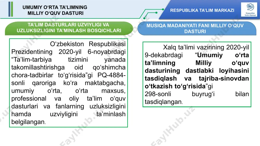 lik o‘quv predmetlarini qamrab oladi hamda o‘zaro aloqadorligini ta’minlaydi. tasviriy san’at - ijodiy jarayoni, ritm xissi, musiqiy ranglar uyg‘unligi, ifoda vositalari bilan yaxlit bir butunlikni ta’minlaydi. texnologiya – xotirani, diqqatni kuchliligi amaliy mashg‘ulotlar bajarishda ish sifatini ko‘rsatadi. o‘quvchi biror bir maxsulotni berilib yasashi jarayonida kuylaydi. temp, ritm bilan ishni birlashishi unumdorlikga olib keladi. chizmachilik-aniqlik, matematik savodxonligi bilan notalar va ularning cho‘zimi, o‘lchovlarda umumiylik kasb etadi. jismoniy tarbiya - ritm xissi, xarakatlar koordinatsiyasi, kuylash jarayonidagi ovoz sozlash va nafas mashqlari bilan yaxlitlikni ta’minlaydi. chaqiruvga qadar boshlang‘ich tayyorgarlik- ritm xissi, xarakatlar koordinatsiyasi, saf kuy qo‘shiqlari ijrosi bois umumiylik ta’minlangan. 1. amaliy fanlar tavsifi 1.1. amaliy fanlar integratsiyasi ona-tili va adabiyot tarix matematika biologiya geometriya geografiya fizika informatika estetik madaniyat va ijodkorlik kompetensiyasi o‘zini-o‘zi rivojlantirish va asrash kompetensiyasi amaliy faoliyatni rivojlantirish kompetensiyasi 2. umumiy o‘rta ta’lim bitiruvchilariga amaliy fanlar bo‘yicha qo‘yiladigan talablar estetik madaniyat va ijodkorlik kompetensiyasi 1-sinf yettita notani nota yo‘lida joylashuvini …