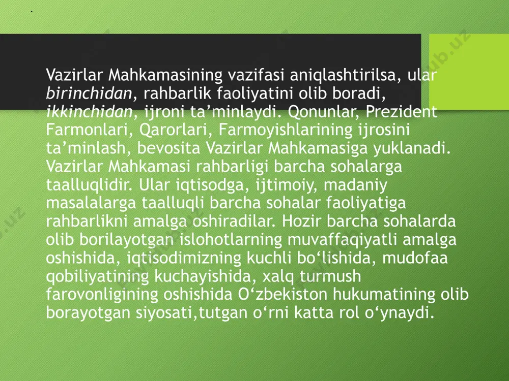 ahkamasi tarkibi, bosh vazir, uning o‘rinbosarlari, vazirlar, davlat qo‘mitalarining raislaridan iborat bo‘ladi. qoraqalpog‘iston respublikasi hukumatining boshlig‘i (vazirlik kengashi raisi) lavozimiga ko‘ra, o‘zbekiston vazirlar mahkamasi tarkibiga kiradi. foydalanilgan adabiyotlar 1. allan ides christopher n. may constitutional law - individual rights. fifth edition 2012. 2. o'zbekiston respublikasining konstitutsiyasi t. "o'zbekiston" 2019 3. o'zbekiston respublikasining "jismoniy va yuridik shaxslarning murojaatlari to'g'risida"gi o'rq-378-son qonuni // 3.12.2014 y. // o'zbekiston respublikasi qonun hujjatlari to'plami, 2014 y., 49-son 4. o'zbekiston respublikasining "o'zbekiston respublikasi vazirlar mahkamasi to'g'risida"gi (yangi tahriri) 524-ii-son qonuni // 29.08.2003 y. // o'zbekiston respublikasi oliy majlis axborotnomasi 2003 y 5.b.t. musayev, k.r. aliyeva, b.narimanov "o'zbekiston respublikasining konstitutsiyaviy huquqi" darslik. t. 2019 6.o.t.husanov konstitutsiyaviy huquq atamalari. t.,"sharq", 2015 7. o.t.husanov "konstitutsiyaviy huquq" t."ilm-ziyo" 2017 image2.png image3.png image1.png