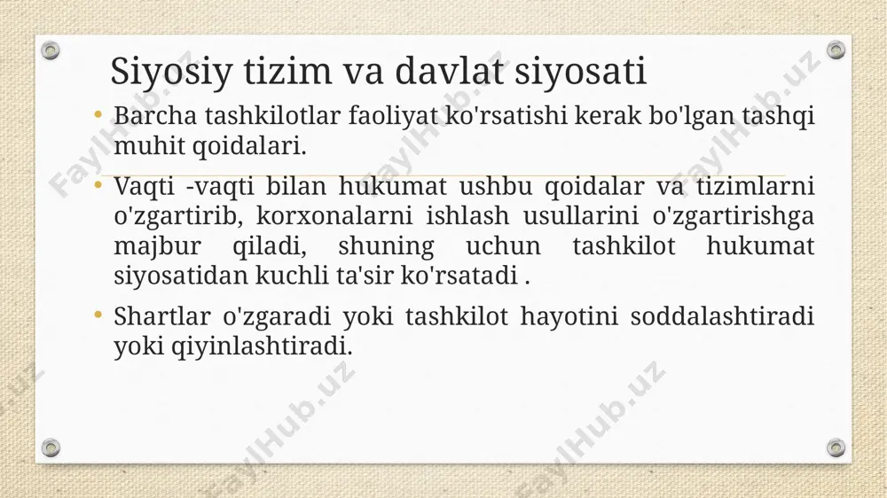 qishni tahlil qiladi.  raqobatbardosh raqobat  o'zgartirish tahdidi  mijozlar kuchi  yetkazib beruvchilarning quvvati  yangi kirish tahdidi porterning qiymat zanjiri - tashkilot o'z funktsiyalari davomida qanday qiymat yaratishini va bu qiymat mijozga qanday o'tishini tahlil qiladi. qiymat zanjiri tashkilot faoliyatini ikki qismga ajratadi: birlamchi faoliyatlar: mahsulot ishlab chiqarish, uni sotish va xaridorlarga yetkazib berishdan iborat. ushbu faoliyatlar orqali tashkilot eng katta qiymatni yaratadi va shuning uchun unga foyda qo'shiladi. ikkilamchi faoliyatlar: xodimlarni boshqarish, materiallar va texnologiyalarni sotib olishni o'z ichiga oladi. bu asosiy ishlab chiqarish faoliyatining ta'sirini yaxshilashga qaratilgan qo'llab-quvvatlovchi faoliyatdir. uyga vazifa: 1. o‘zbekiston hududlarining demografik holati tahlili? 2.o‘zingiz faoliyat yuritayotgan korxonaning (yoki siz bilgan aniq korxonaning) swot tahlilini amalga oshiring. ma’ruza - 3 makro-iqtisodiy muhit makro-iqtisodiyotning asosiy tamoyillari 1. iqtisodiy o’sish 2. ishsizlik darajasini tushurish (ishsizlarni ish bilan taminlash) 3. narxning muayyanligi 4. to’lov balansini normallashtirish (import va eksport) iqtisodiy o’sishga salbiy ta’sir ko’rsatadigan omillar …