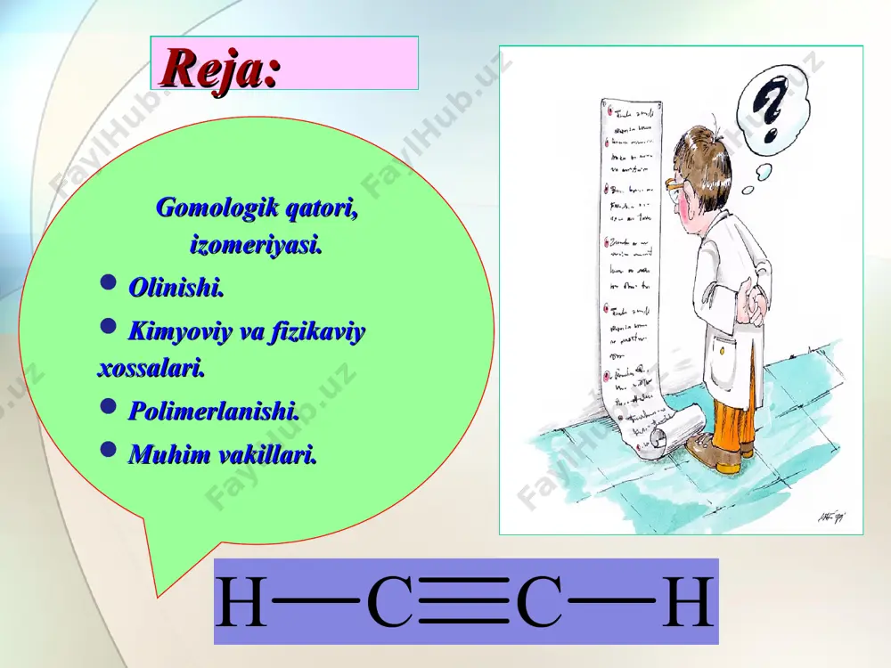 ch (1850 - 1911) suvning birikishi – gidratlash (kucherov reaksiyasi). vodorod sianidning birikishi. oddiy vinil efirlari hosil bo’ladi. vinil efirlari yana spirtlar bilan reaksiyaga kirishib, atsetallarni hosil qiladi. atsetilen qator spirtlarni hosil qiladi: bir valentli mis tuzlari bo’lgan eritma (pyulend katalizatori) yuqori haroratda polimerlanadi - mahsulot katalizatorga bog’liq. geterosiklik birikmalar – pirrol, piridin asoslari va boshqalarni hosil qiladi. polimerlanish reaksiyasi 1,3,5 - trimetilbenzol polimerlanish reaksiyasi oksidlanish reaksiyalari bir yilda 230 ming tonna atsetilen ishlab chiqariladi. uning hosilalari orasida vinilatsetilen katta ahamiyatga ega. u +50с da qaynaydigan gaz. atsetilenni metandan olishda qo’shimcha mahsulot sifatida hosil bo’ladi. vinilatsetilendan sanoatda xlorpren (2-xlorbutadiyen-1,3) olinadi. xlorpren yonmaydigan kauchuk va rezinalar olishda asosiy xom ashyo hisoblanadi. atsetilendan metallarni avtogen payvandlashda ham foydalaniladi. alkinlarning umumiy formulasini toping: a) cnh2n-2 b) cnh2n+2 s) cnh2n d) cnh2n-6 testlar: quyidagi reaksiya orqali qaysi mahsulot olinadi? c2h5 – c  c - c2h5 + h2o hg2+ а) aldegid в) ikki atomli …